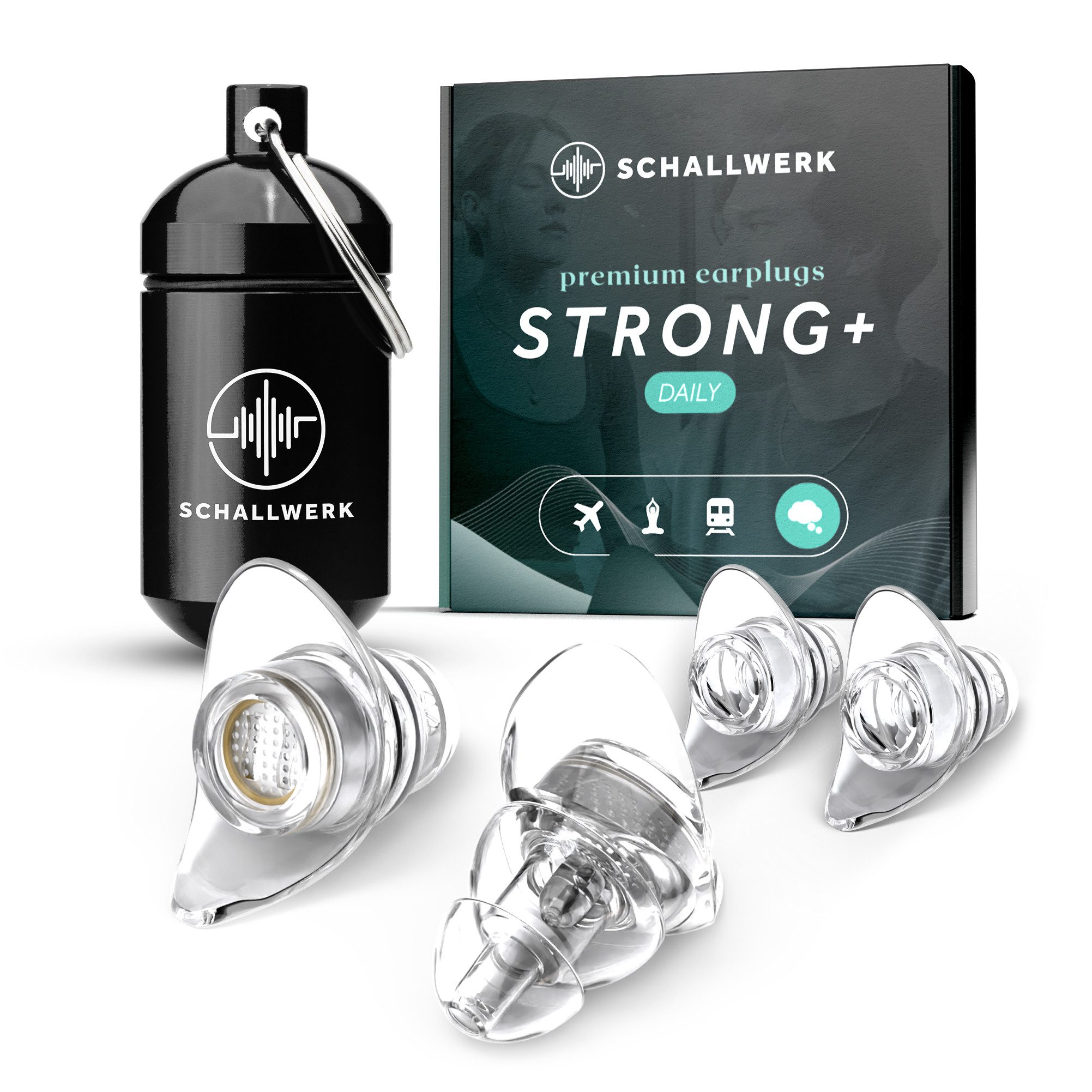 Schallwerk Gehörschutzstöpsel Strong+ Daily Ohrstöpsel dämpfen Lärm & erhalten Tonqualität, Ohrenstöpsel transparent mit Aufbewahrungsdose