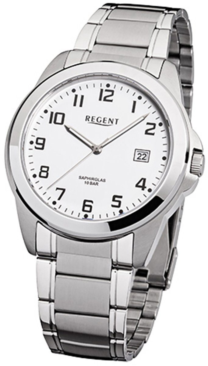 Regent Quarzuhr Regent Herren-Armbanduhr Armbanduhr rund, Edelstahlarmband mittel 39mm), Analog, Herren silber grau (ca