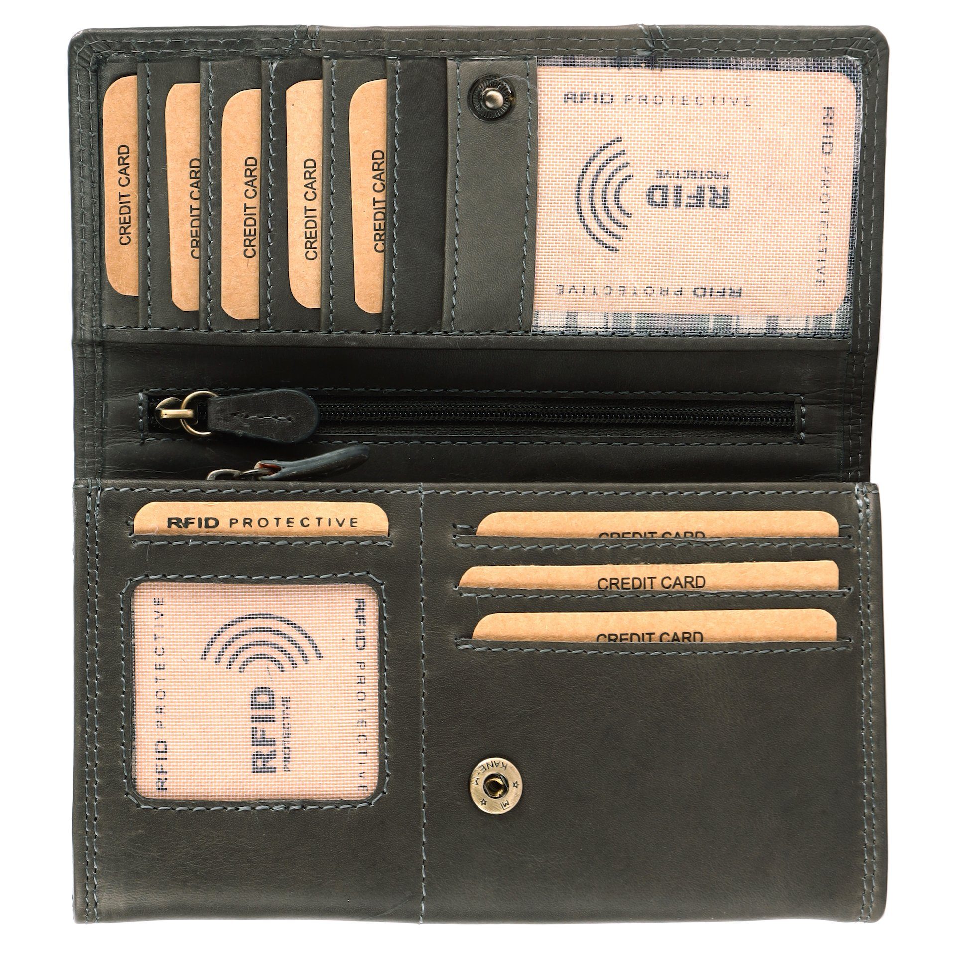 Kartenfächer Geldbeutel Portemonnaie RFID-Schutz Portmonee Geldbörse Damen Echt Olive - Leder Münzfach Frauen Benthill Groß, Grau RFID Reißverschlussfach