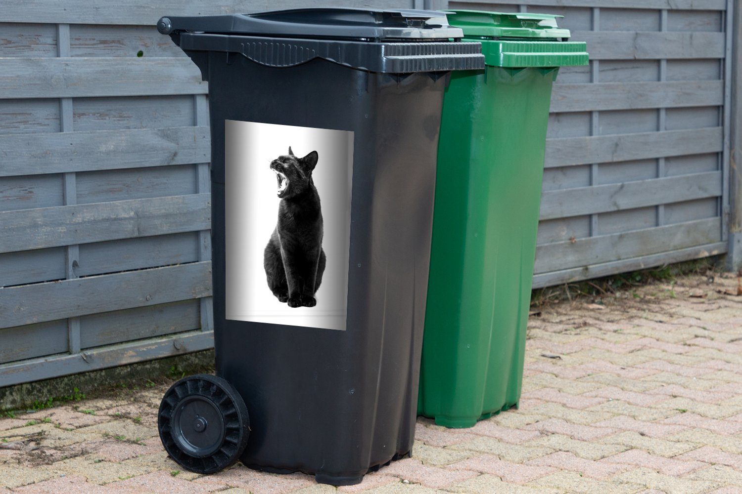 Mülltonne, Gaping und Abfalbehälter MuchoWow schwarz Katze - schwarze St), Mülleimer-aufkleber, (1 Wandsticker weiß Sticker, Container,