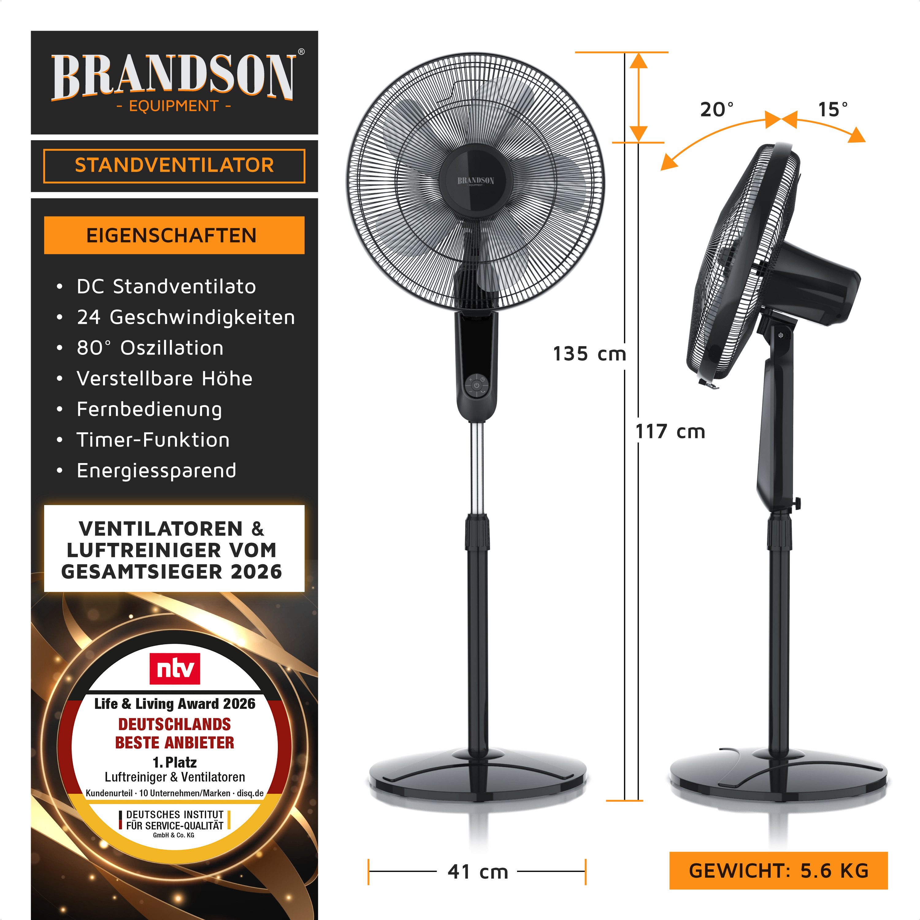 Brandson Standventilator DC, leise, Fernbedienung, energiesparend, Oszillation, Standlüfter 30W, 45,5 cm Durchmesser, NTV Sieger 2026, 24 Geschwindigkeitsstufen, mobiler Lüfter GS-Geprüft