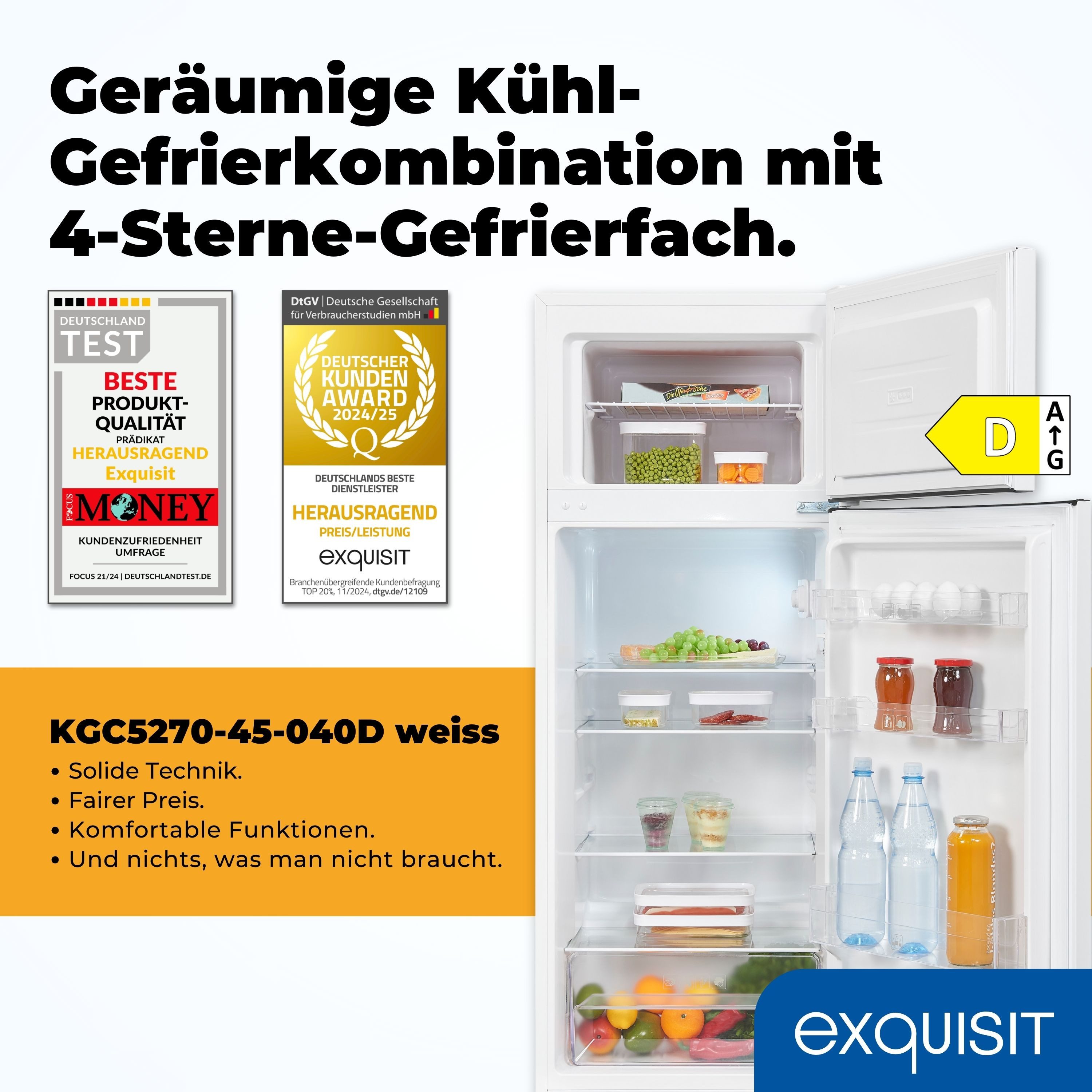exquisit Kühl-/Gefrierkombination KGC5270-45-040D, 142.6 cm hoch, 54.5 cm breit, 4*-Gefrieren, LED, Türanschlag wechselbar