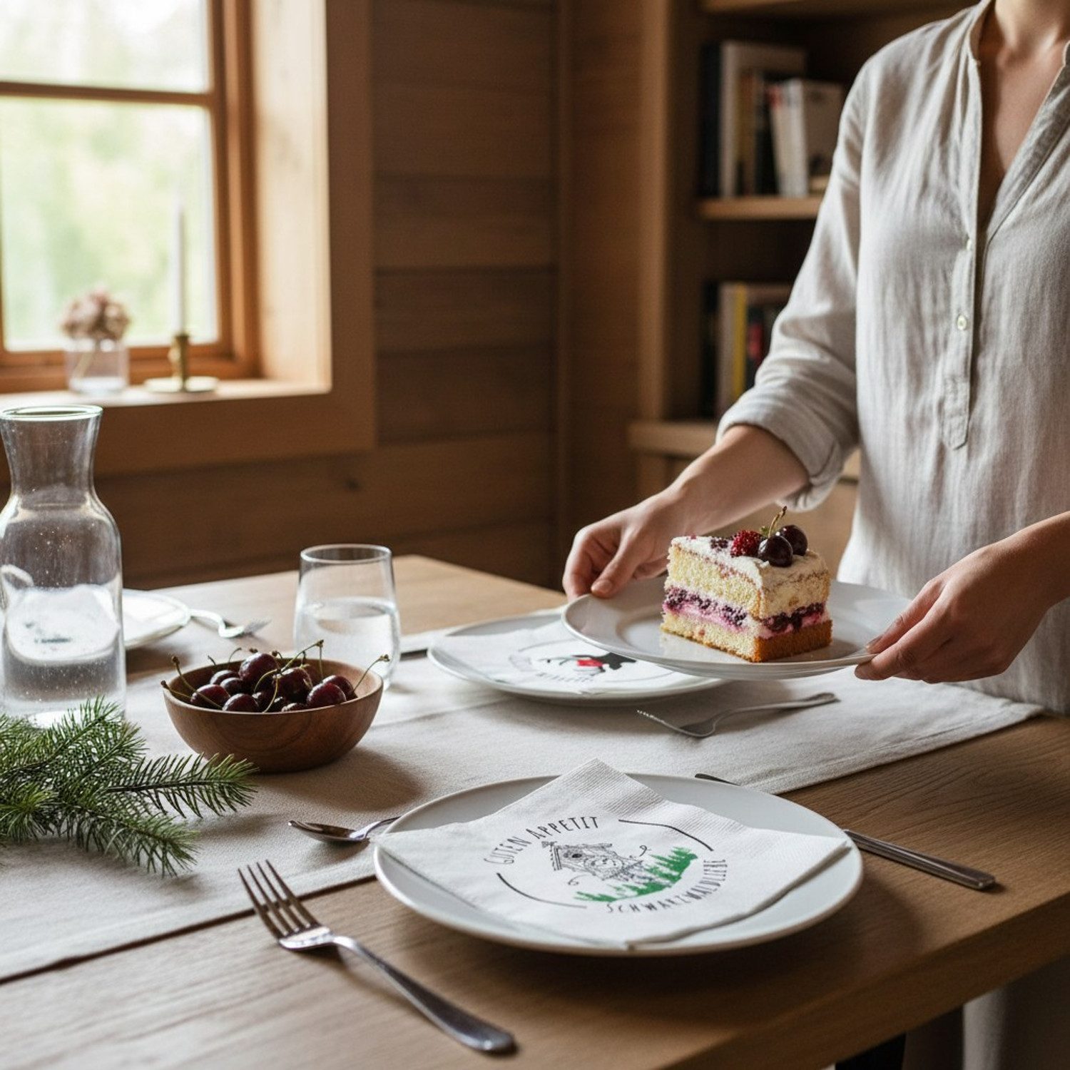 Macosa Home Papierserviette 40 Stk. Servietten Hirsch Schwarzwaldliebe 33 cm, (rustikale Deko für Feier Brunch Abendessen, 40 St., Tischdeko Schwarzwald Landhausstil), 3 lagig Papierservietten Weiß Schwarz Rot