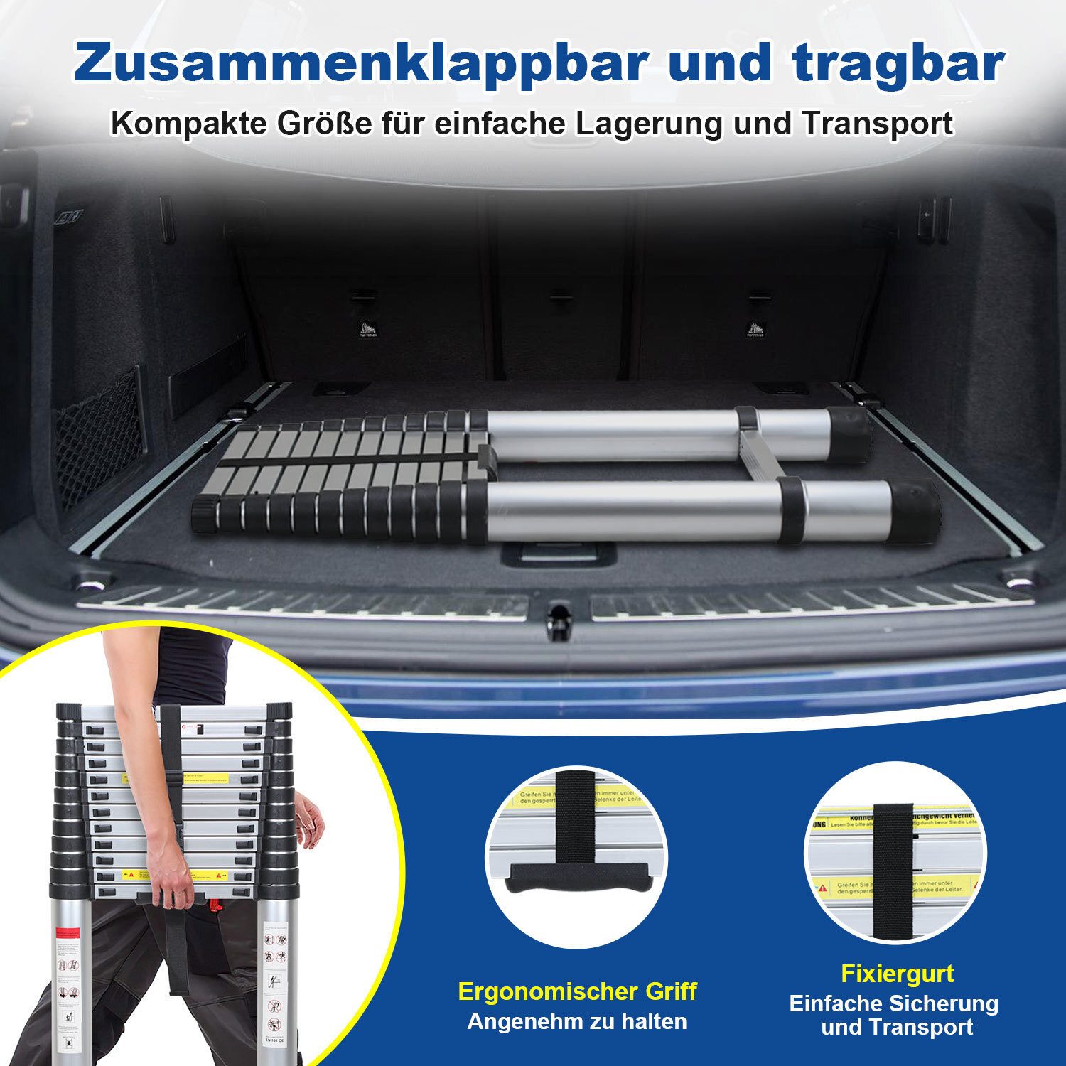 Clanmacy Teleskopleiter Profi Teleskopleiter 5M Aluminium 150kg Tragkraft Mehrzweckleiter ruts (Teleskopleiter,Anlegeleiter,Klappleiter,Schiebeleiter, Hochleist – Bild 4 von 5