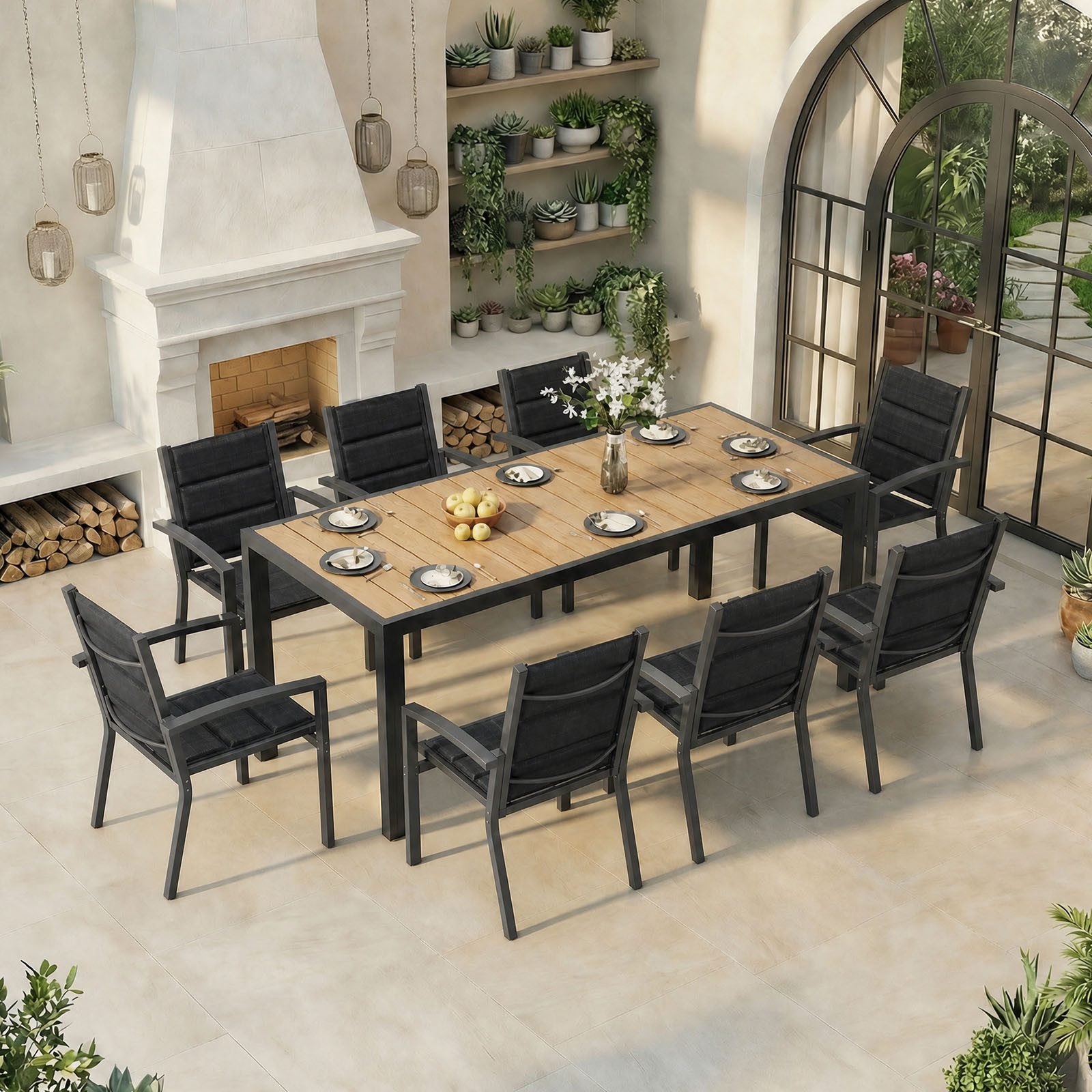 HOMALL Garten-Essgruppe 150/180cm Holzoptik Aluminiumtisch und Gartenstühle mit armlehnen, (9-tlg), Stapelbare Gartenstühle bis 160kg, rostfreier Aluminiumtisch bis 100kg