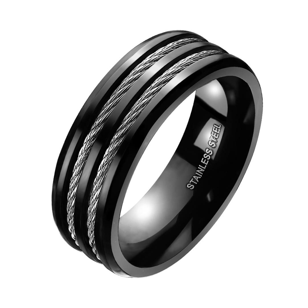 Order & Smile Schmuck Fingerring Herrenring schwarz: Edelstahl Ring „Stahlseil“