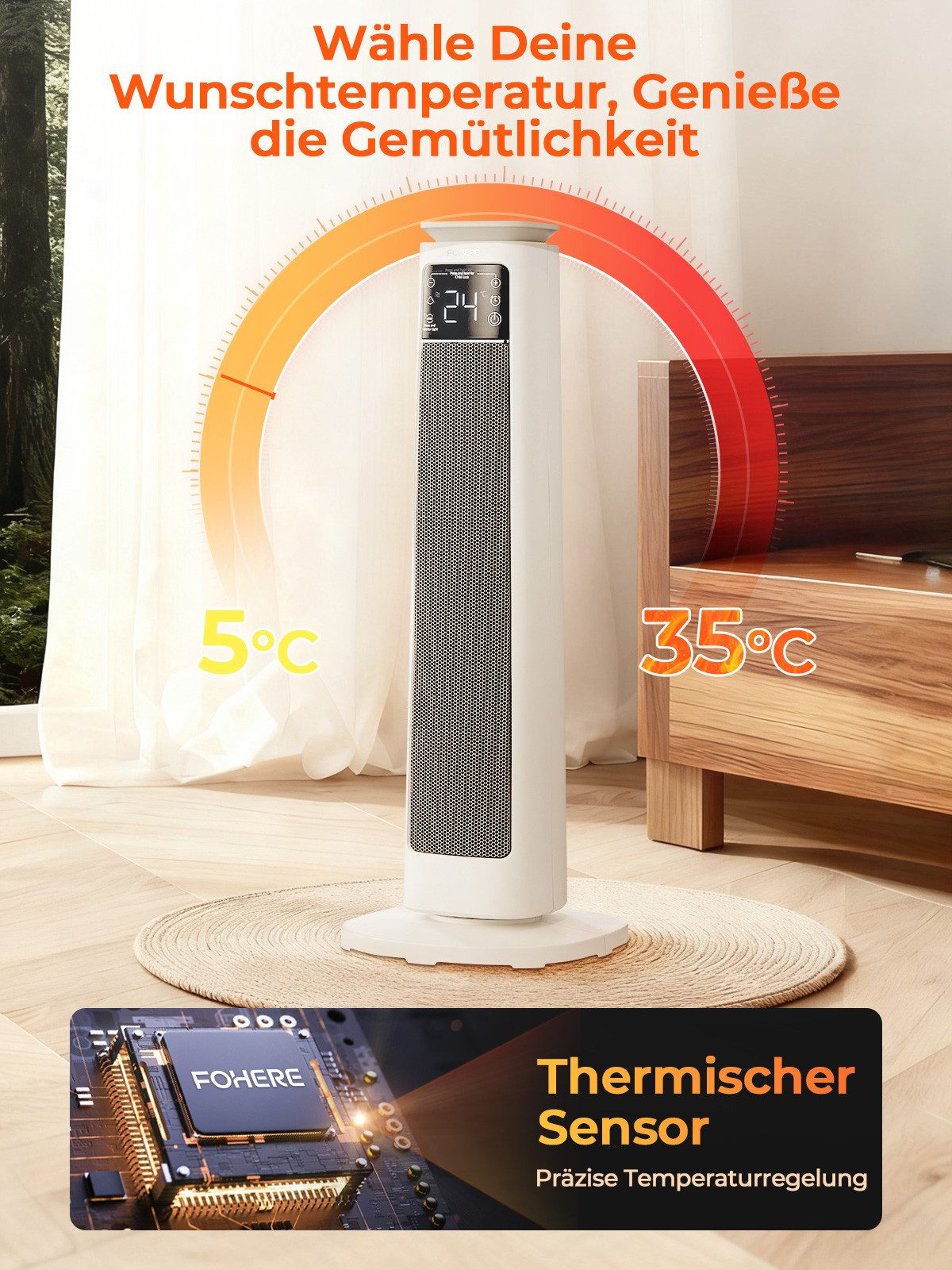 FOHERE Heizlüfter 4-in-1 Heizlüfter Energiesparend, 2000W PTC Elektroheizung, 70° Oszillation, Fernbedienung, Kipp- & Überhitzungsschutz