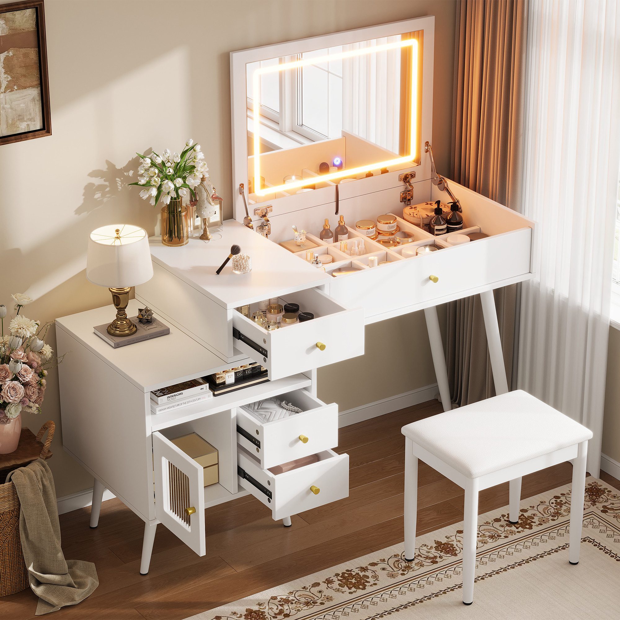 i@home Schminktisch mit Hocker (Kosmetiktisch-Set mit Hocker und LED Spiegel), LED Spiegel, 3-farbige LED-Beleuchtung, 120*77,5*50cm,weiß/braun