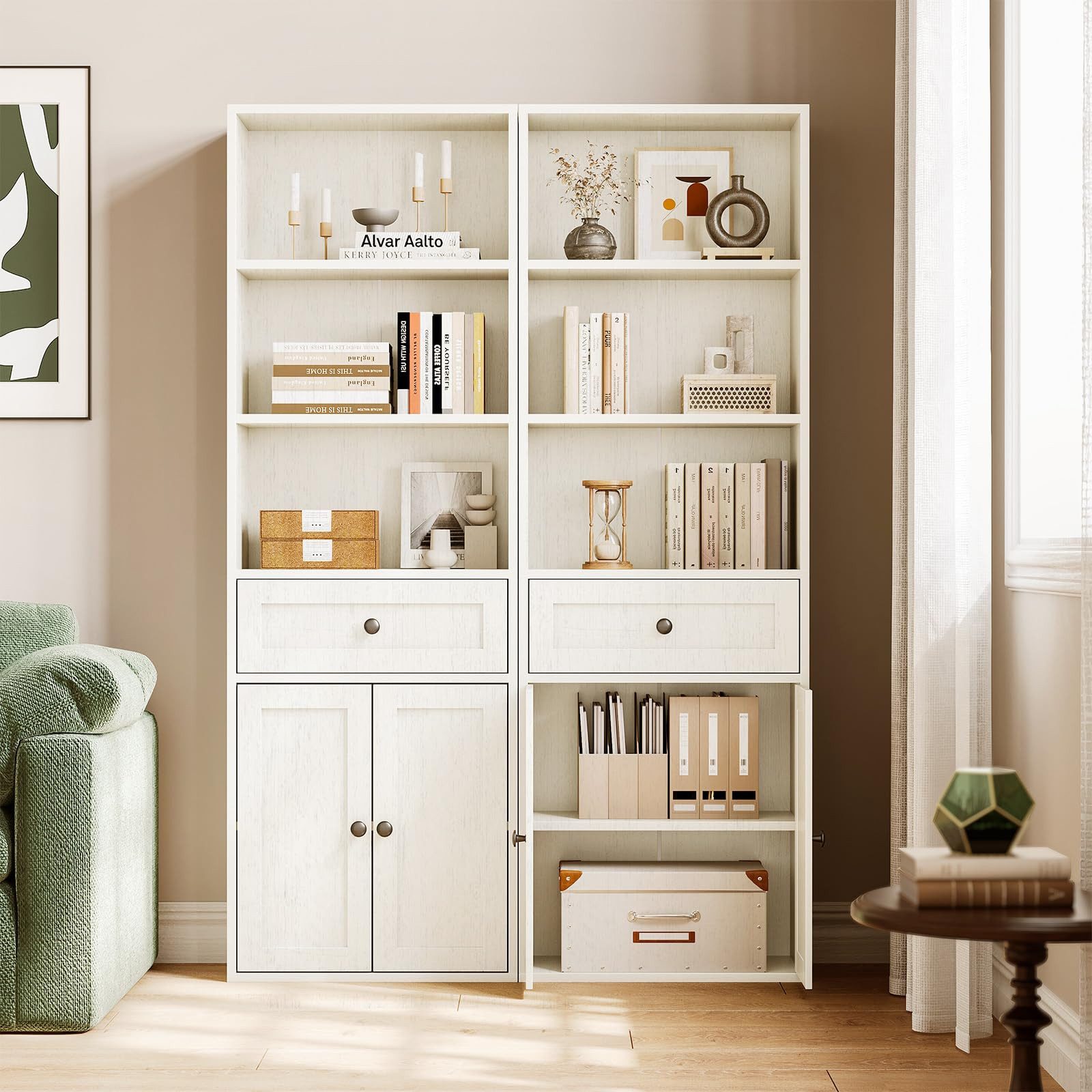 ODK Bücherregal mit Türen, Schrank & Schublade, 5 Ebenen Aufbewahrung, 1-tlg., 164,2 cm Höhe, Weiß, Ideal für Wohnzimmer, Büro & Schlafzimmer