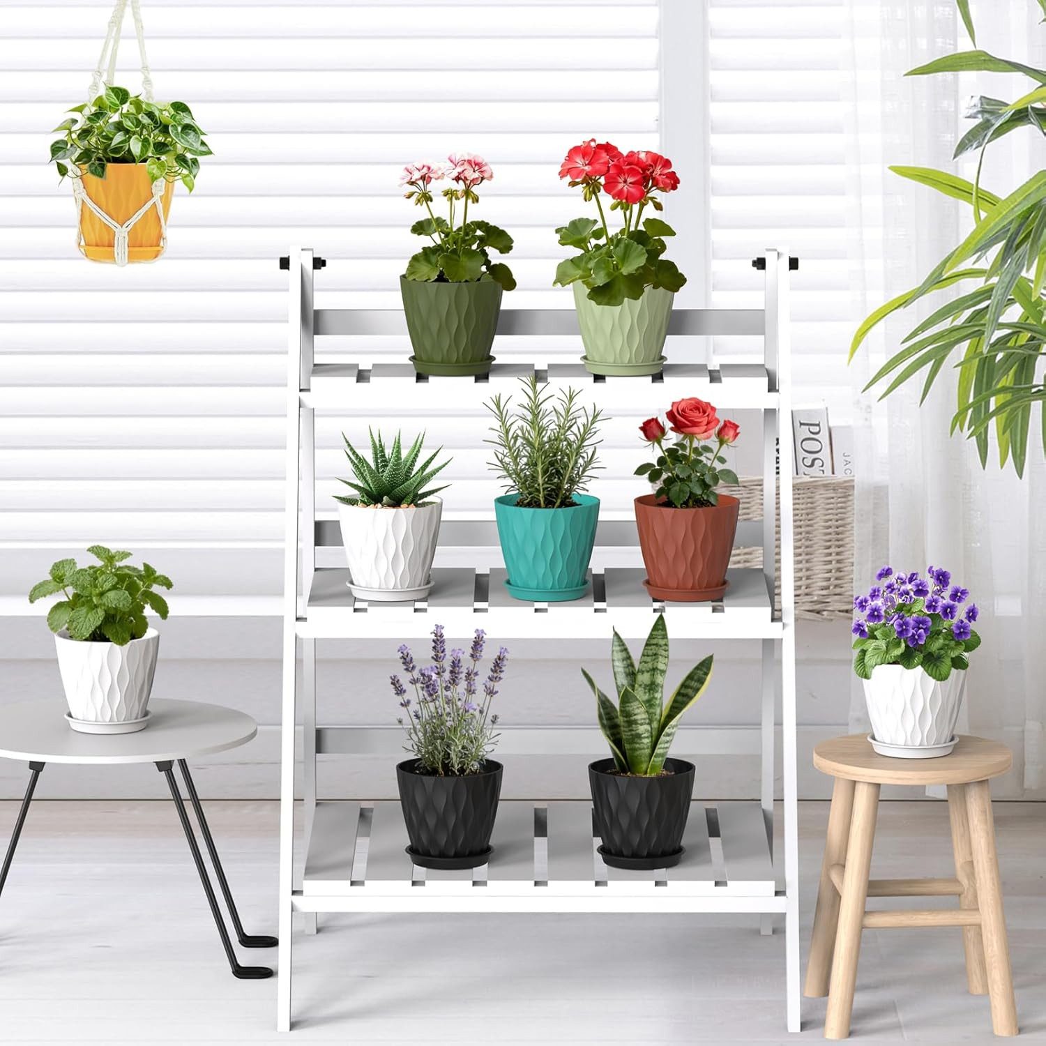 ibettertec Pflanzkübel 15 cm Blumentopf Pflanztopf, 5er Set Dick Kunststoff Pflanztöpfe (3D-Wellentextur Übertopf für Einblatt, Efeutute & Innen Außen Pflanzen, – Bild 5 von 5