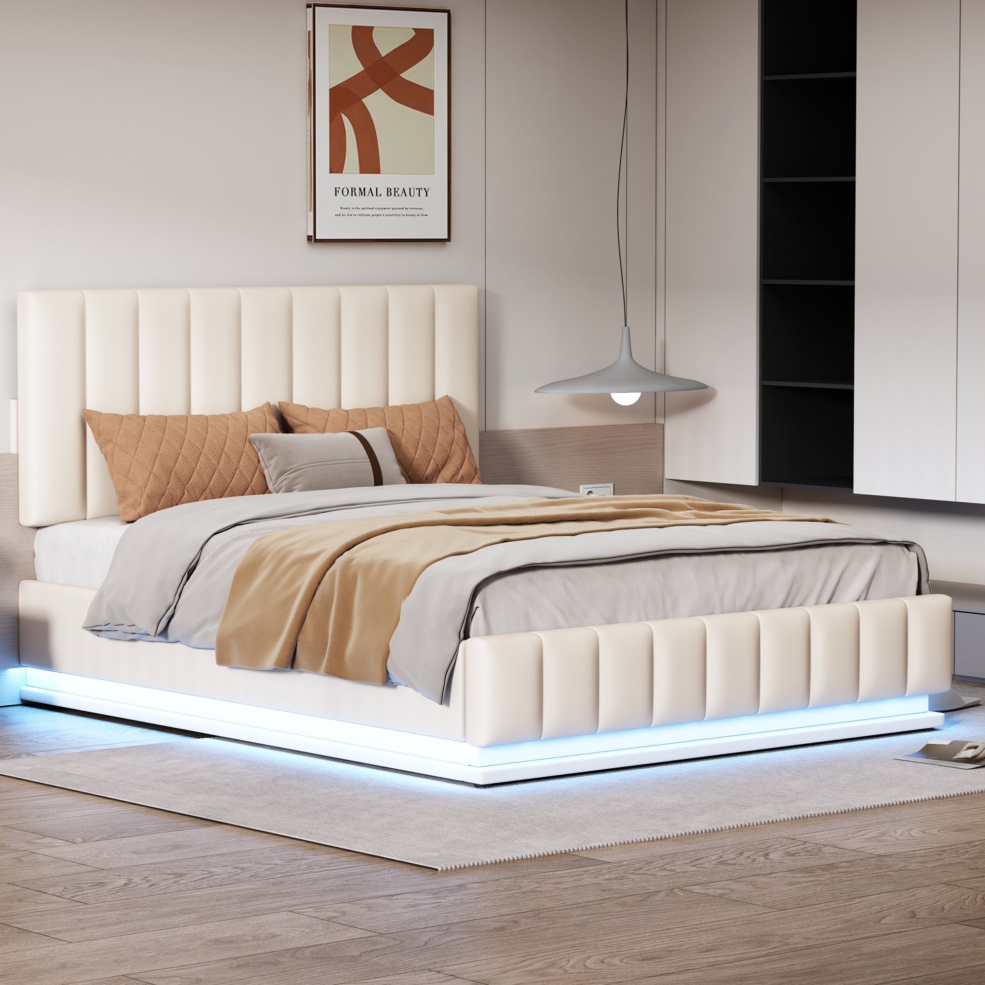 WISHDOR Polsterbett Doppelbett mit höheverstellbarem Polsterkopfteil (140 x  200 cm ohne-Matratze), Modernes Bett mit LED, Hohe Tragfähigkeit,  Aufbewahrungsbett, Einfach zu montierender Bettrahmen