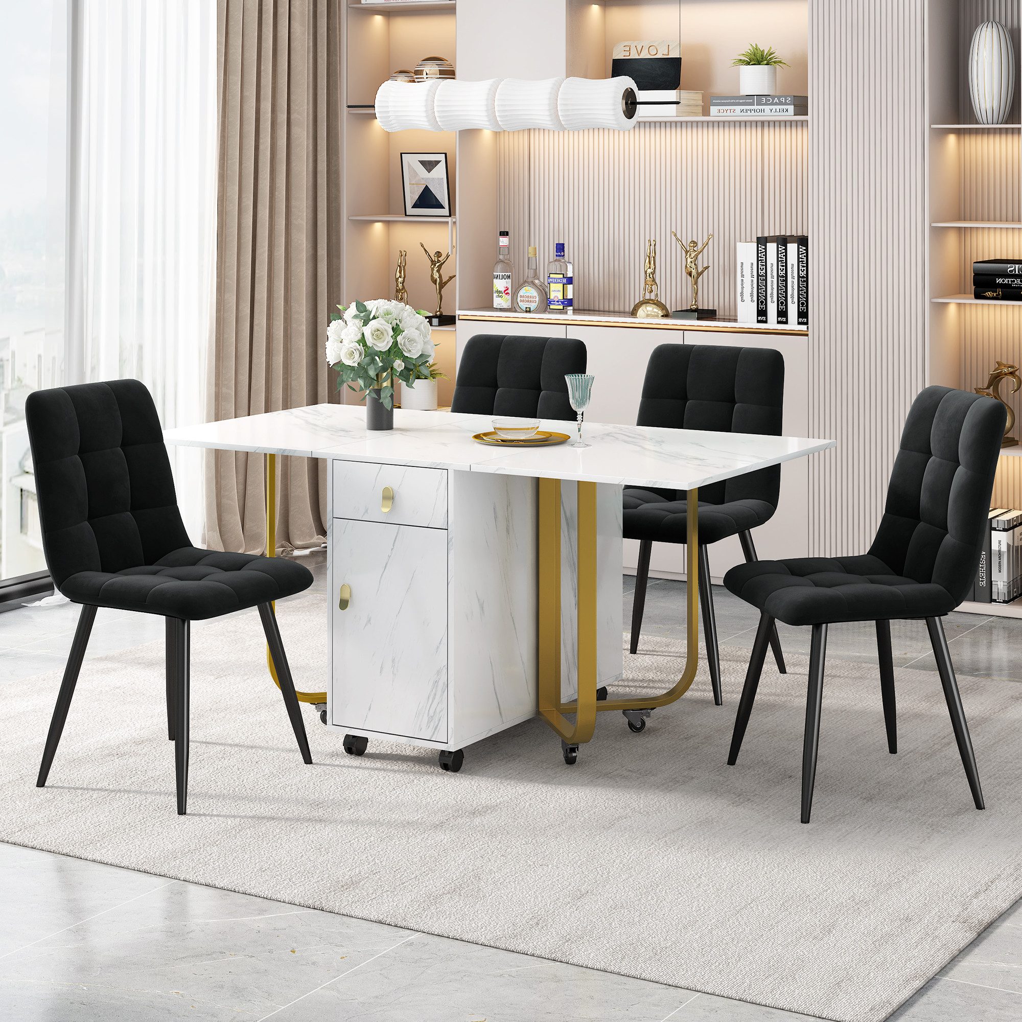 JOIVI Essgruppe Klappbarer Küchentisch Set, (Samt Esszimmerstuhl,Polsterstuhl Design Stuhl mit Rückenlehne), MDF Tischplatte in Weißer, Schwarz Tischbeine