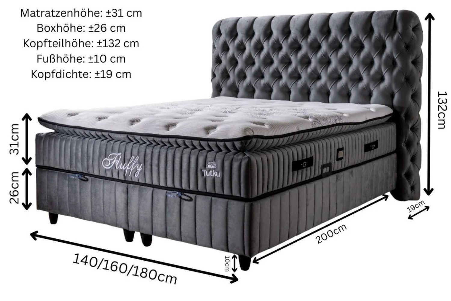 Pointhome Boxspringbett Set, Bss Bedding, Fluffy, Bett-Set ohne oder mit Nachttischen (1x H3 Matratze, 2x Bettkasten, 1x Bettkopfteil, 2 optionale Nachttisch), 7 Zonen Allergenfrei & Atmungsaktiv, Orthopädische Matratze mit Topper