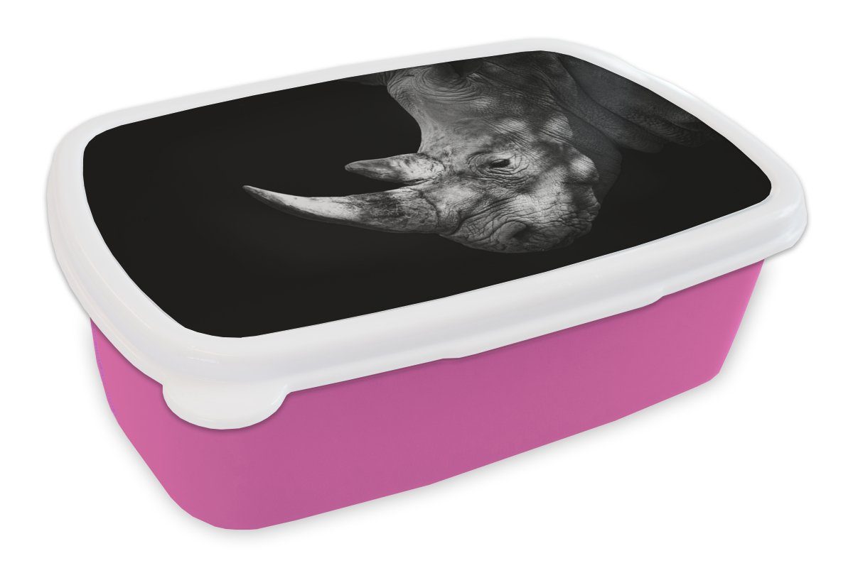 Kinder, Hintergrund, schwarzem rosa (2-tlg), Kunststoff Brotdose Rhinozeros auf Kunststoff, MuchoWow Brotbox Snackbox, Mädchen, für Erwachsene, Lunchbox
