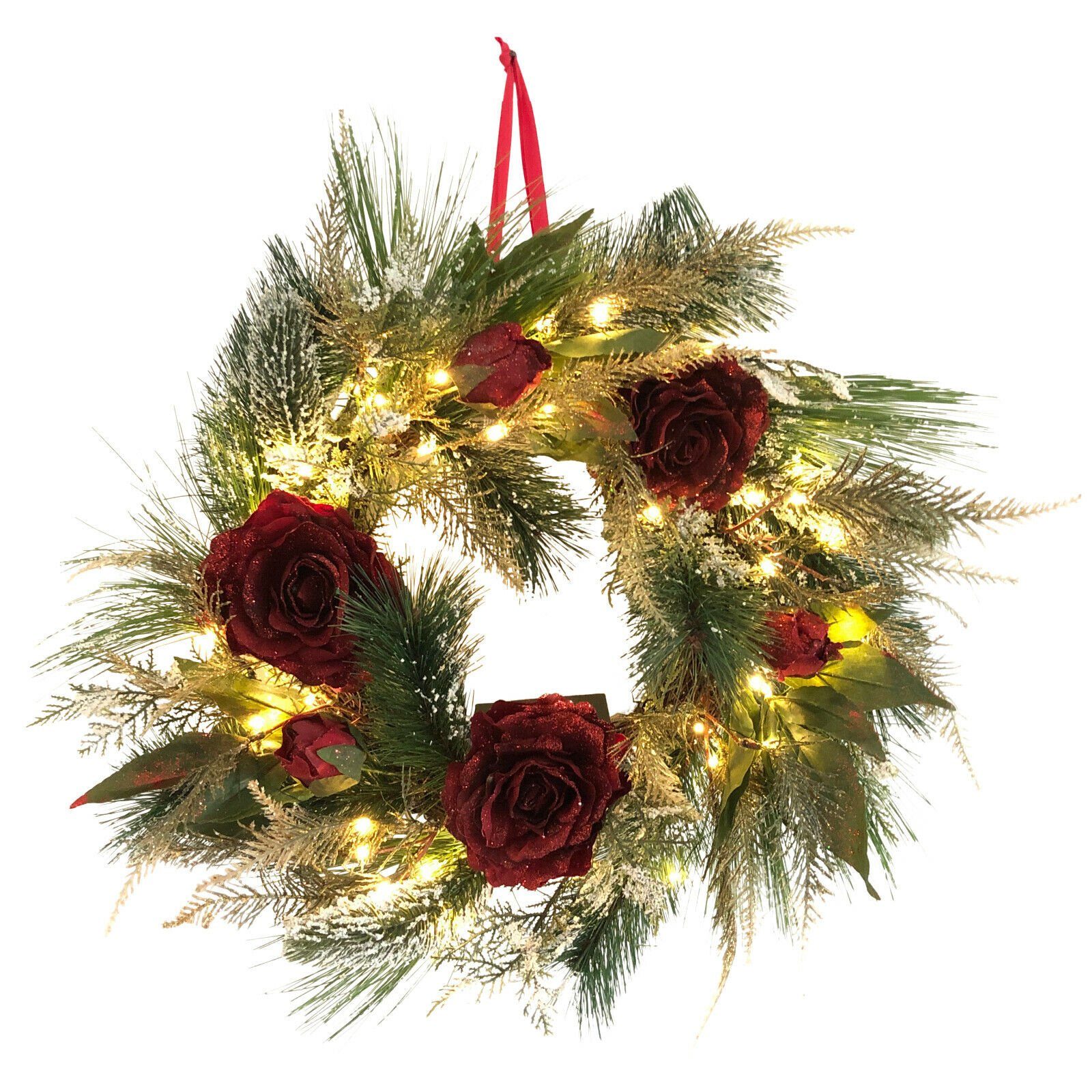 Tischkranz ROSEN 50 als mit Lichterkette ROTE Türkranz Glitzerüberzug, LED liegend 6-Stunden-Timer, Adventskranz mit oder hängend Online-Fuchs / &