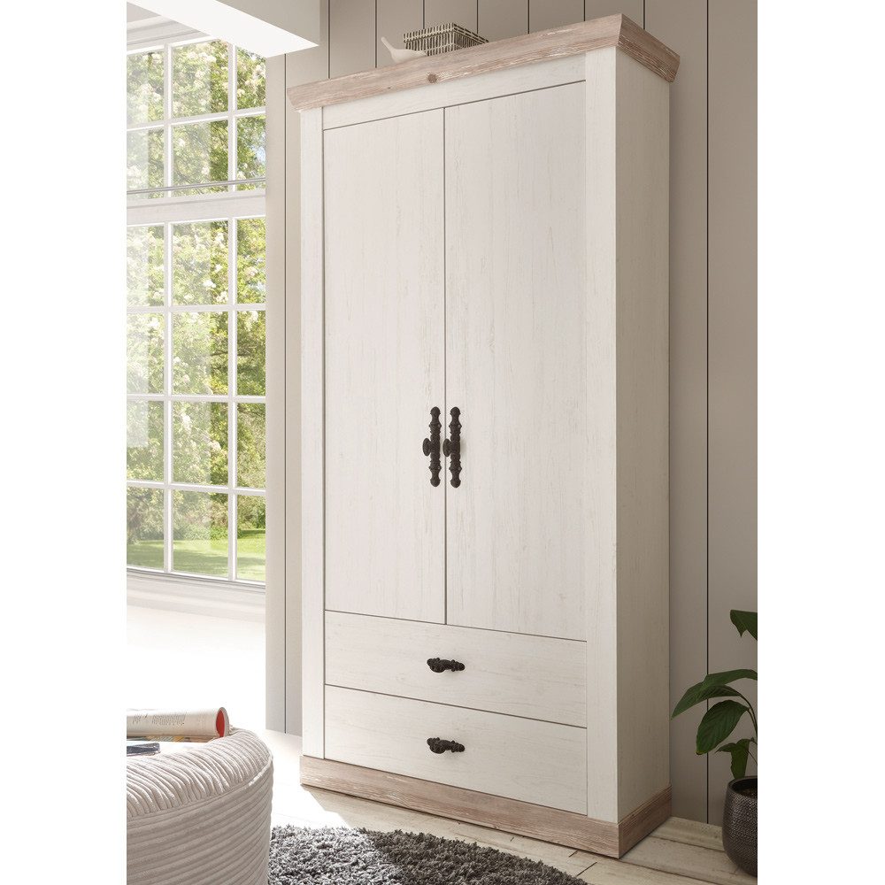 Lomadox Garderobenschrank FERNA-61 Pinie weiß Nb. mit Absetzungen in Pinie dunkel Nb. 107/201/38 cm