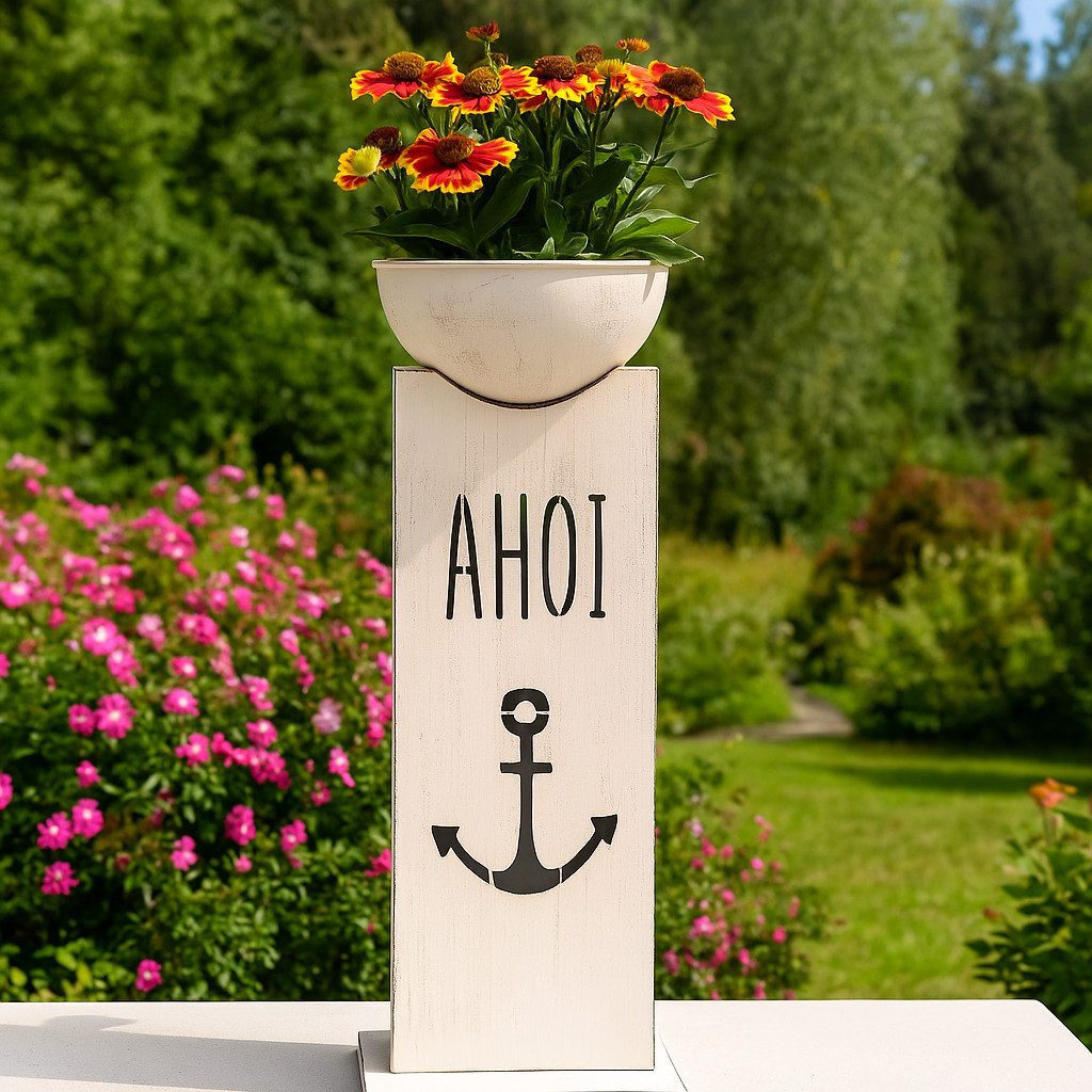 BOLTZE Dekosäule Dekosaeule Ahoi Anker mit Pflanzschale Metall weiss maritim (2 St)
