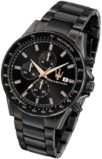 MASERATI Chronograph Maserati Edelstahl Armband-Uhr, Herrenuhr Edelstahlarmband, rundes Gehäuse, groß (ca. 44mm) schwarz
