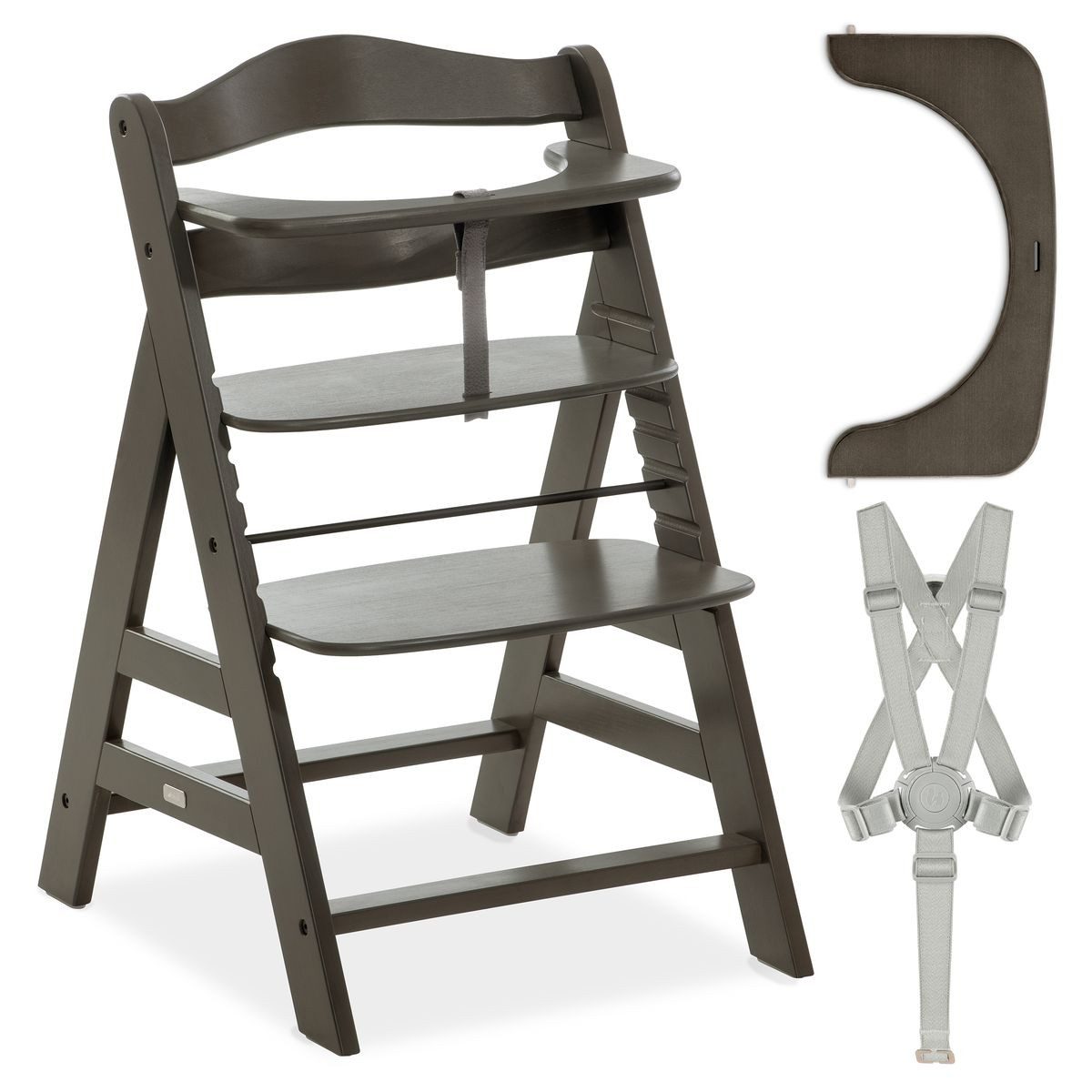 Hauck Tischsitz Alpha Plus Select - Charcoal / Dunkelgrau, Mitwachsender Holz Kinderhochstuhl verstellbar mit Schutzbügel & Gurt