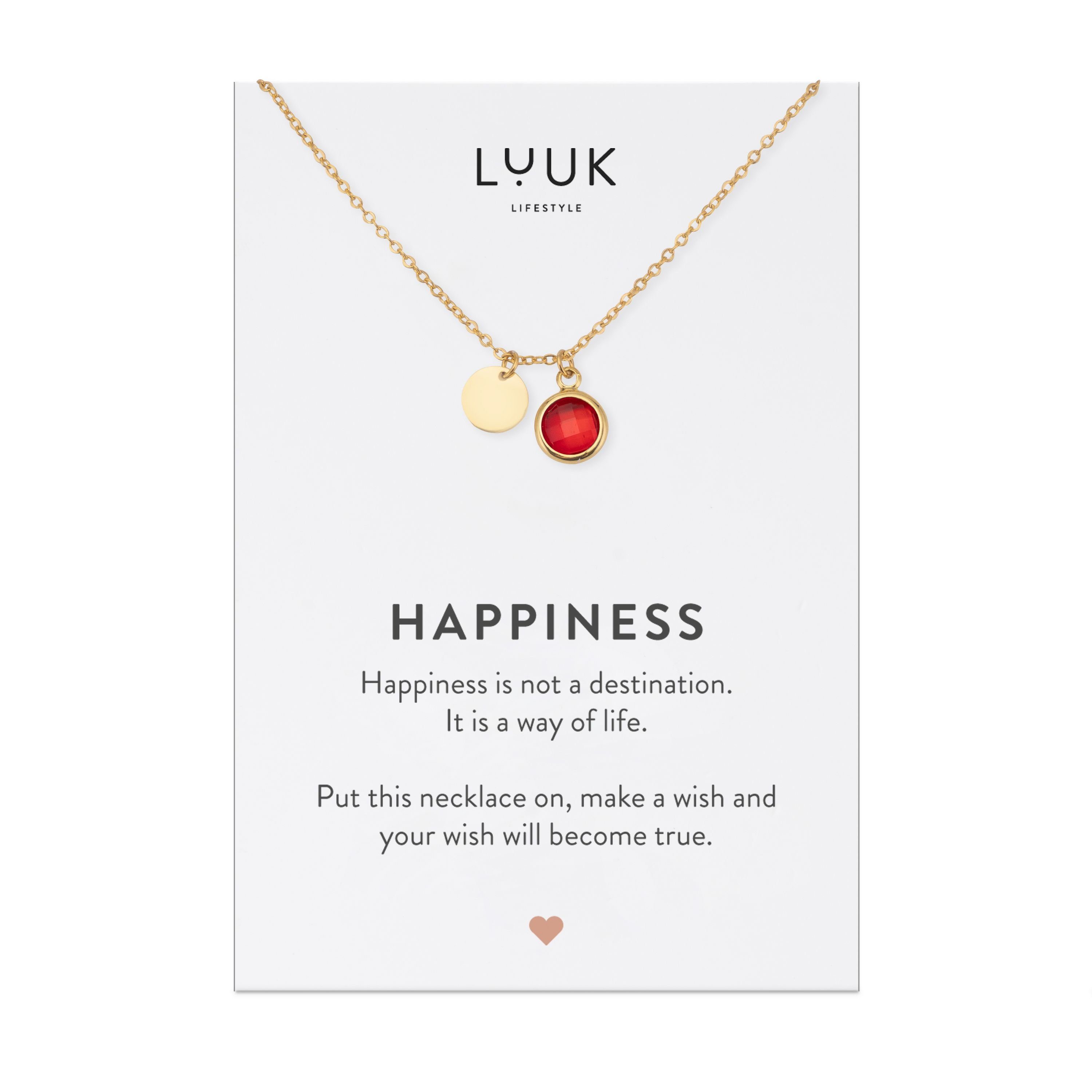 LUUK LIFESTYLE Kette Gold Geburtstag, HAPPINESS von verstellbare für cm, Freundin, Anhänger Kristall, 50 Spruchkarte, Edelstahl, mit Glaskristallanhänger Länge Geschenkidee roter Rot, Damenschmuck, Frauen