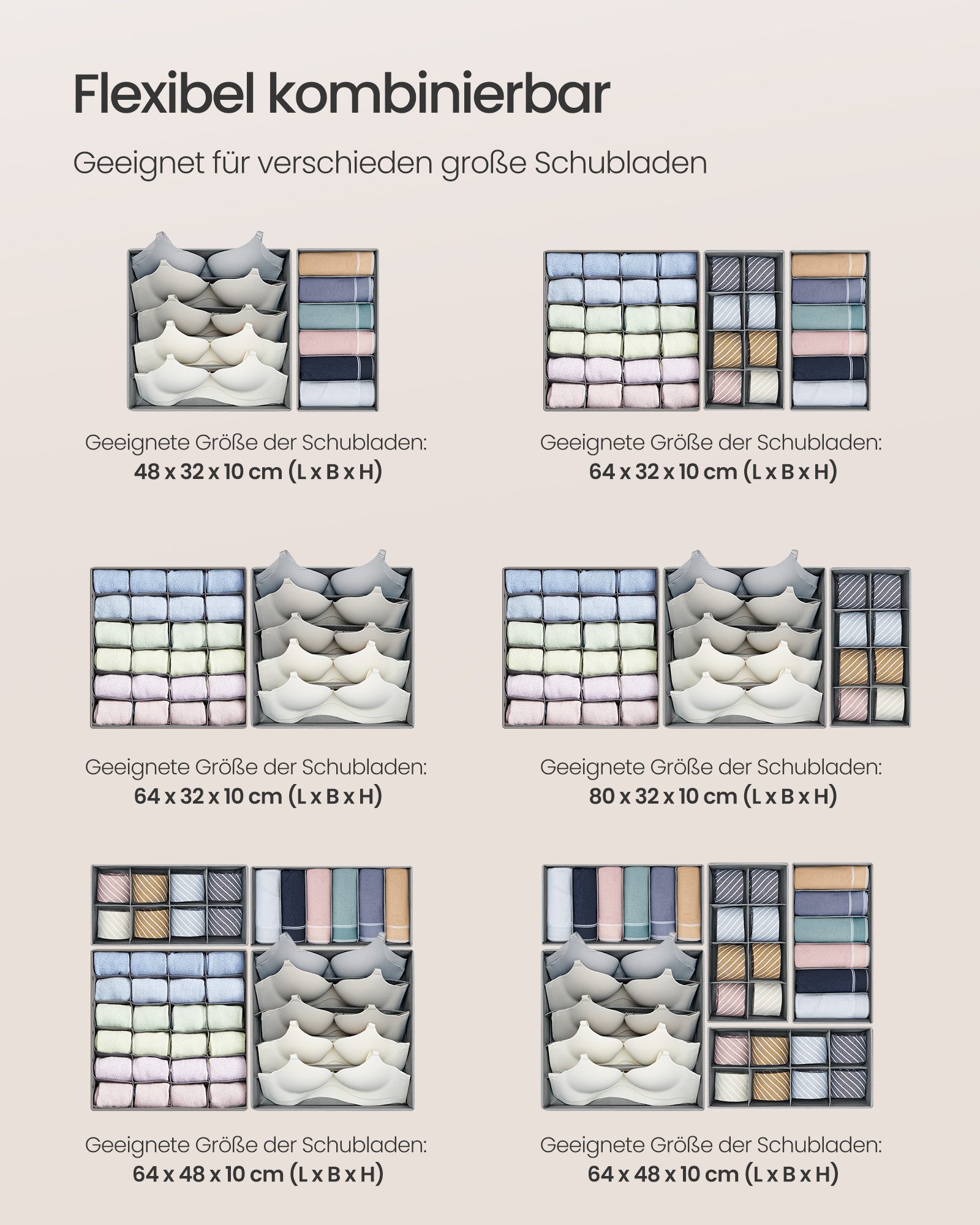 SONGMICS Aufbewahrungsbox Unterwäsche-Organizer, faltbar, Stoffboxen, für BHs Socken Krawatten (8 St), 8 Stück, Ordnungssystem Kleiderschrank, Aufbewahrungsbox  – Bild 5 von 5