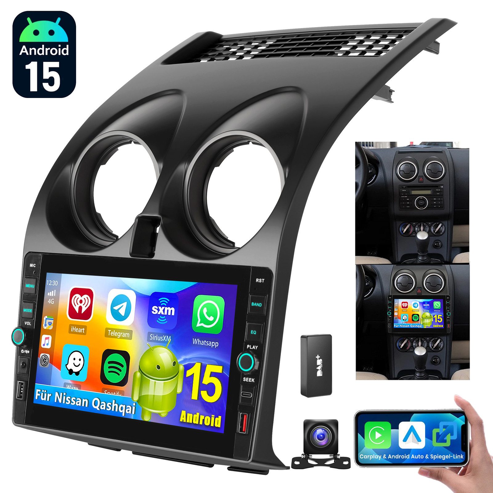 ESSGOO Für Nissan Qashqai J10 07-15 Android 15 Carplay Autoradio GPS Navi USB Autoradio (RDS, 4+64GB(optional), Digitalradio (DAB), FM, SWC, Apple Carplay Android Auto GPS Navi WIFI BT EQ mit USB und Type-C)