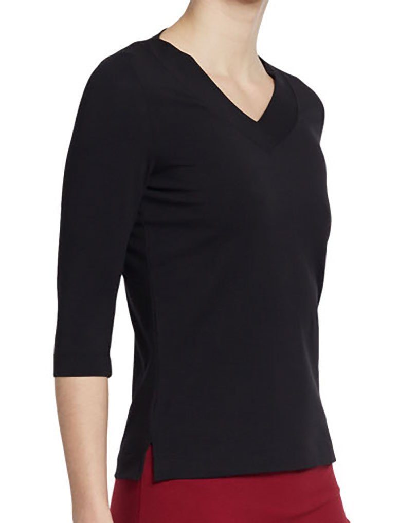 V-Ausschnitt Yogatop ESPARTO Schwarz geschnitten Sundar leicht 2/3 Ärmel, Damen-Shirt lang Bio-Baumwolle geschlitzt, in und