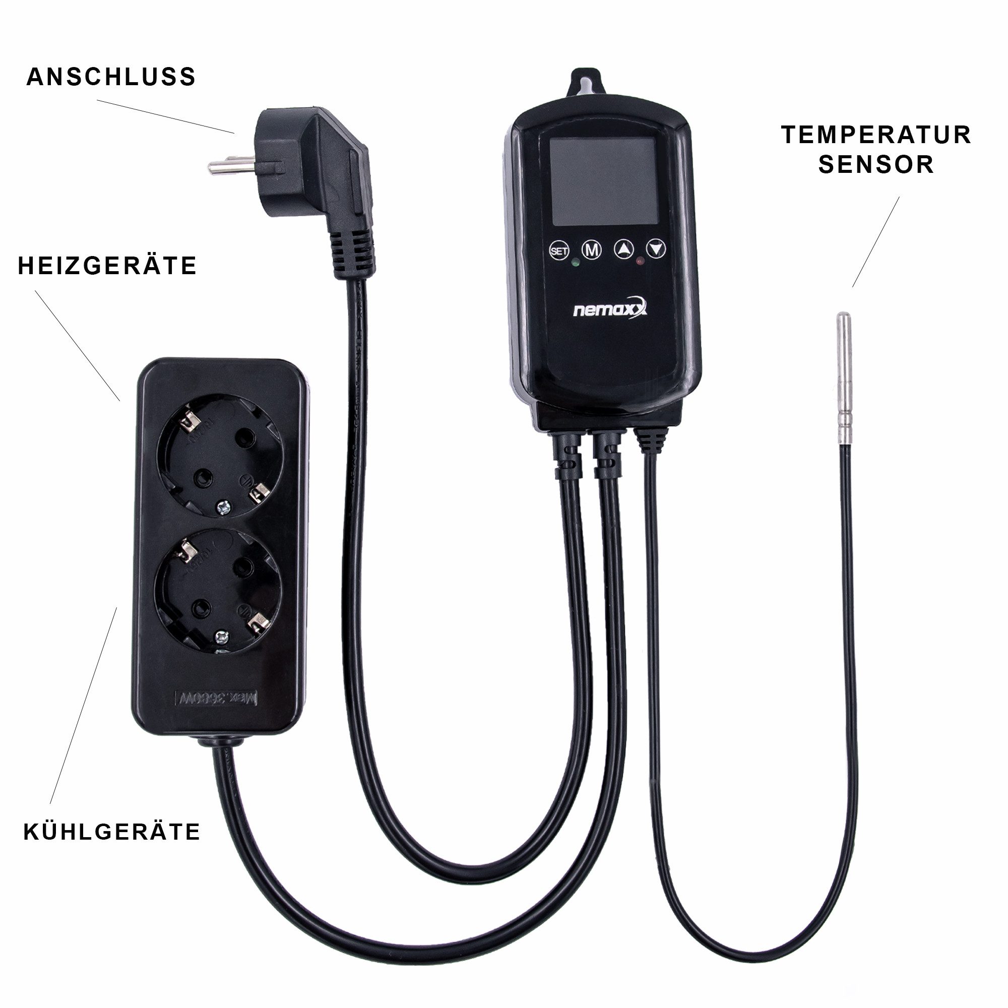 NEMAXX Heizkörperthermostat Steckdosenthermostat 230 V 3000 W/16 A mit NTC-Fühler 2m, 2 Steckdosen, (NTP16 Heiz-/Kühlmodus, Wochenprogramm, Plug & Play) HI/LO-Alarme, Kindersicherung und Temperaturkalibrierung ±9 °C