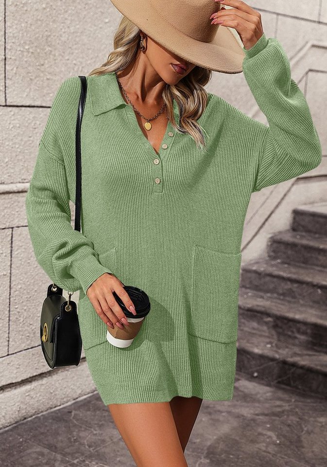 LILIANNA Jerseykleid V Ausschnitt Pullover mit Knöpfen, Strickkleid mit  Tasche Herbstmode und Wintermode, Ein Must-Have für Herbst und