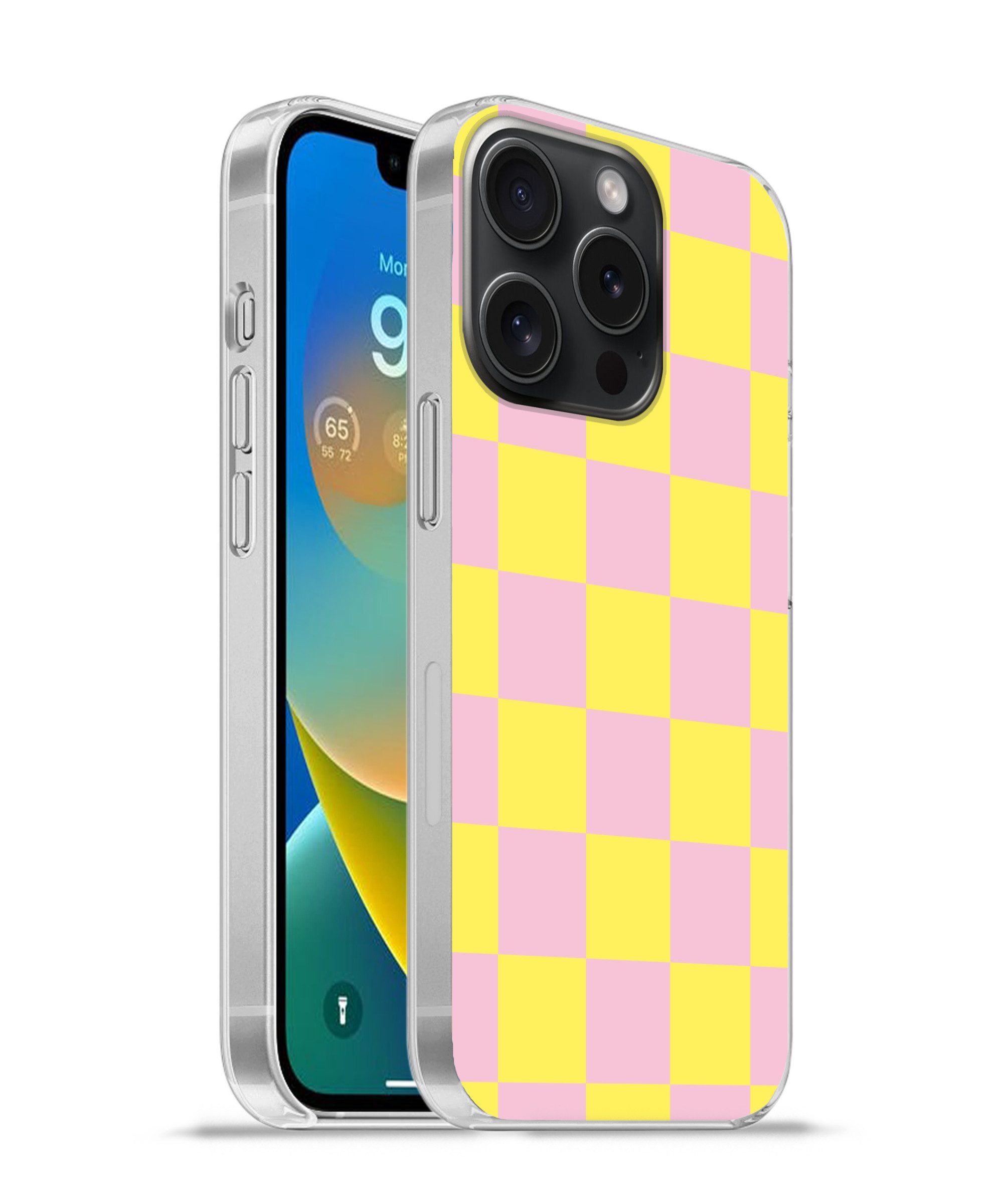 MuchoWow Handyhülle für Apple iPhone 15 Pro Schachbrettmuster - Gelb - Rosa - Würfel, Smartphone-Bumper, Print, Handy Schutzhülle Dünn