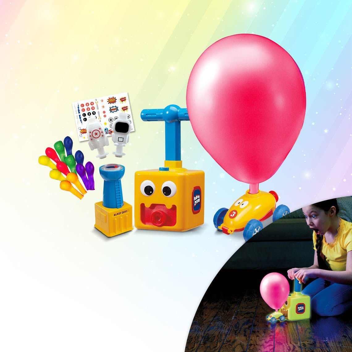 MediaShop Spielzeug-Auto Balloon Zoom, ballonbetriebenes, fahrendes & fliegendes Spielzeugset