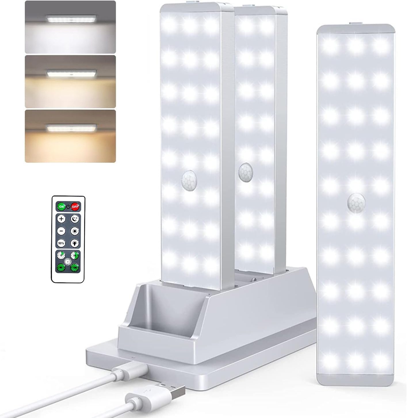 Xruiy LED Unterbauleuchte,3er Set mit Ladestation, 3 Farbtemperaturen, Akku 800mAh, Bewegungsmelder, Dimmbar mit Timer, Kabellos für Schrank & Küche