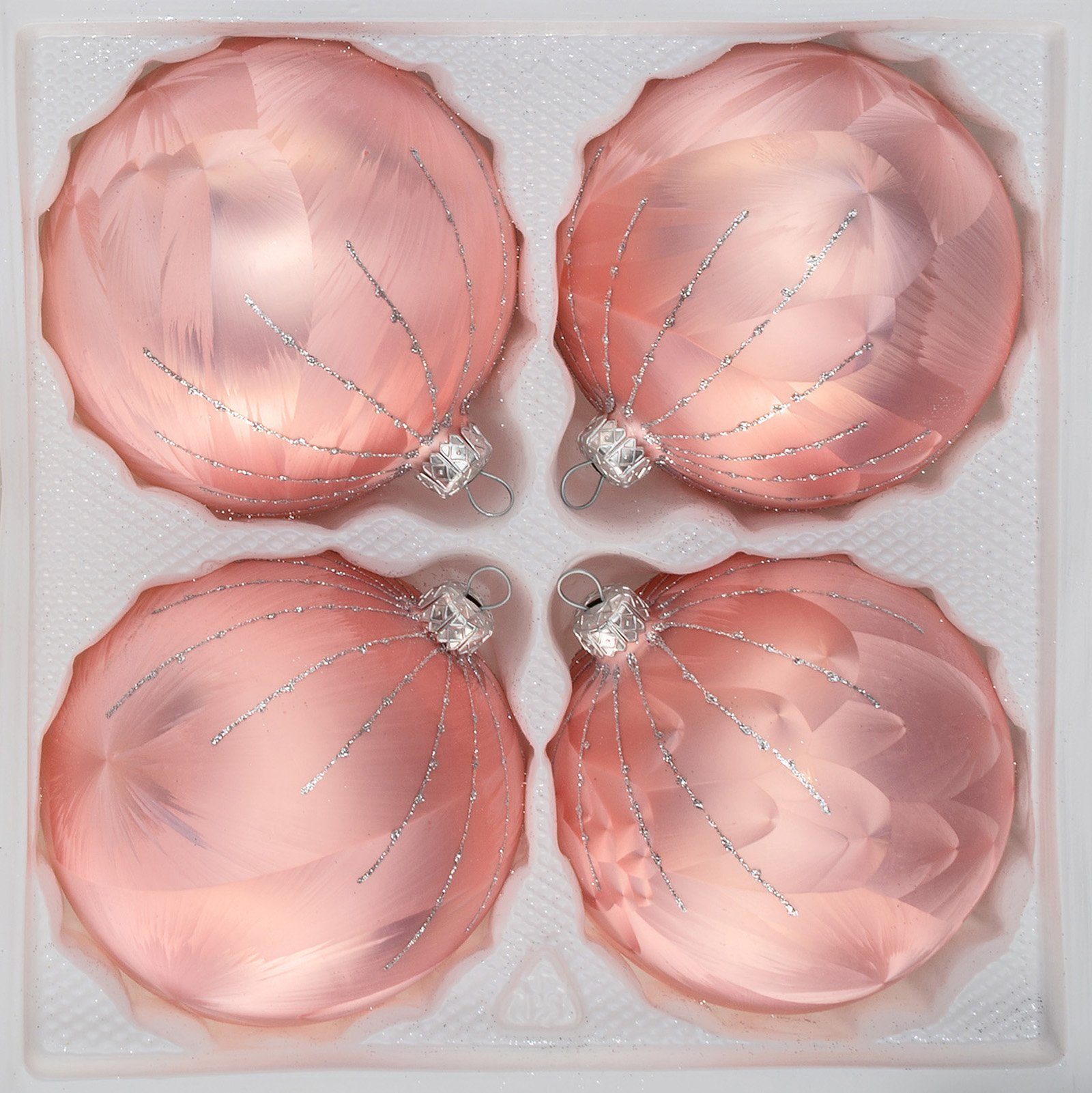 Weihnachtsbaumkugel 4 tlg. Glas-Weihnachtskugeln Set 8cm Ø in "Ice Rosa Silber" Regen