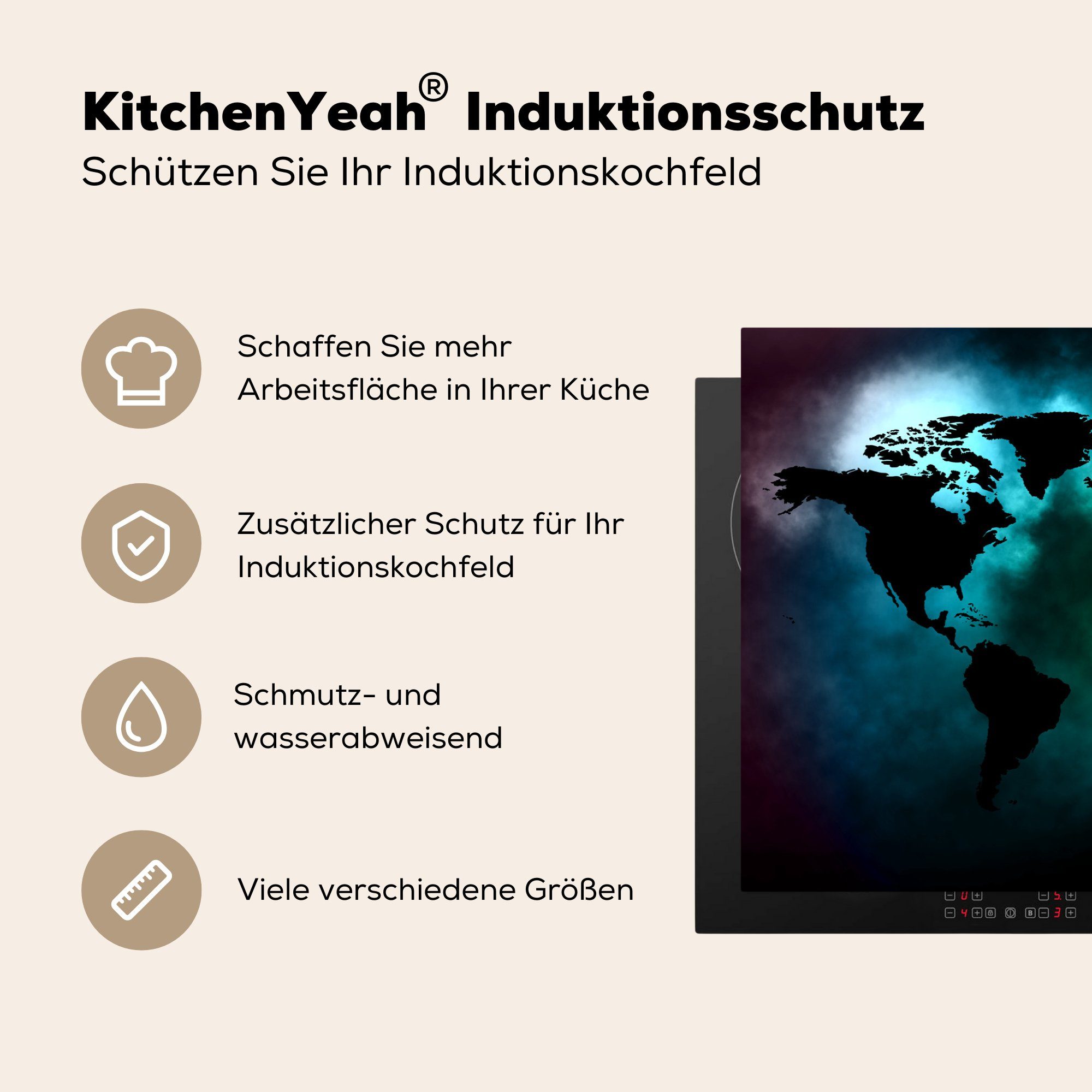 81x52 - die MuchoWow Grün, Vinyl, Herdblende-/Abdeckplatte (1 Schutz tlg), cm, Schwarz Induktionskochfeld für küche, Weltkarte - Ceranfeldabdeckung