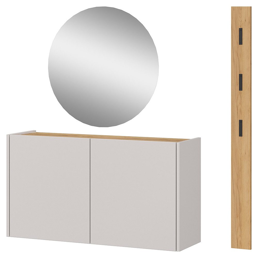 Lomadox Garderoben-Set LAPUA-01, (Spar-Set, 3-St., Garderobenpaneel Garderobenspiegel Schuhschrank), in weiß und Eiche, geringe Tiefe für schmale Flure