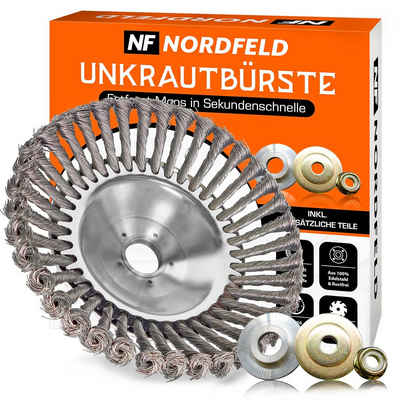 NORDFELD Benzin-Motorsense Unkrautbürste Freischneider 25,4 mm und 20 mm für alle gängigen Modelle, doppelt versiegelte Drahtbürste aus Stahl, leistungsstarke Wildkrautbürste für Motorsense zum Unkraut entfernen, 38 Stahldrahtbürsten für mehr Leistung Drahtzöpfe aus doppelt versiegeltem Stahl 10000 RPM, auch für stärkere Maschinen geeignet Inklusive Zubehör für die Montage und Adapter für 20 mm Bohrung