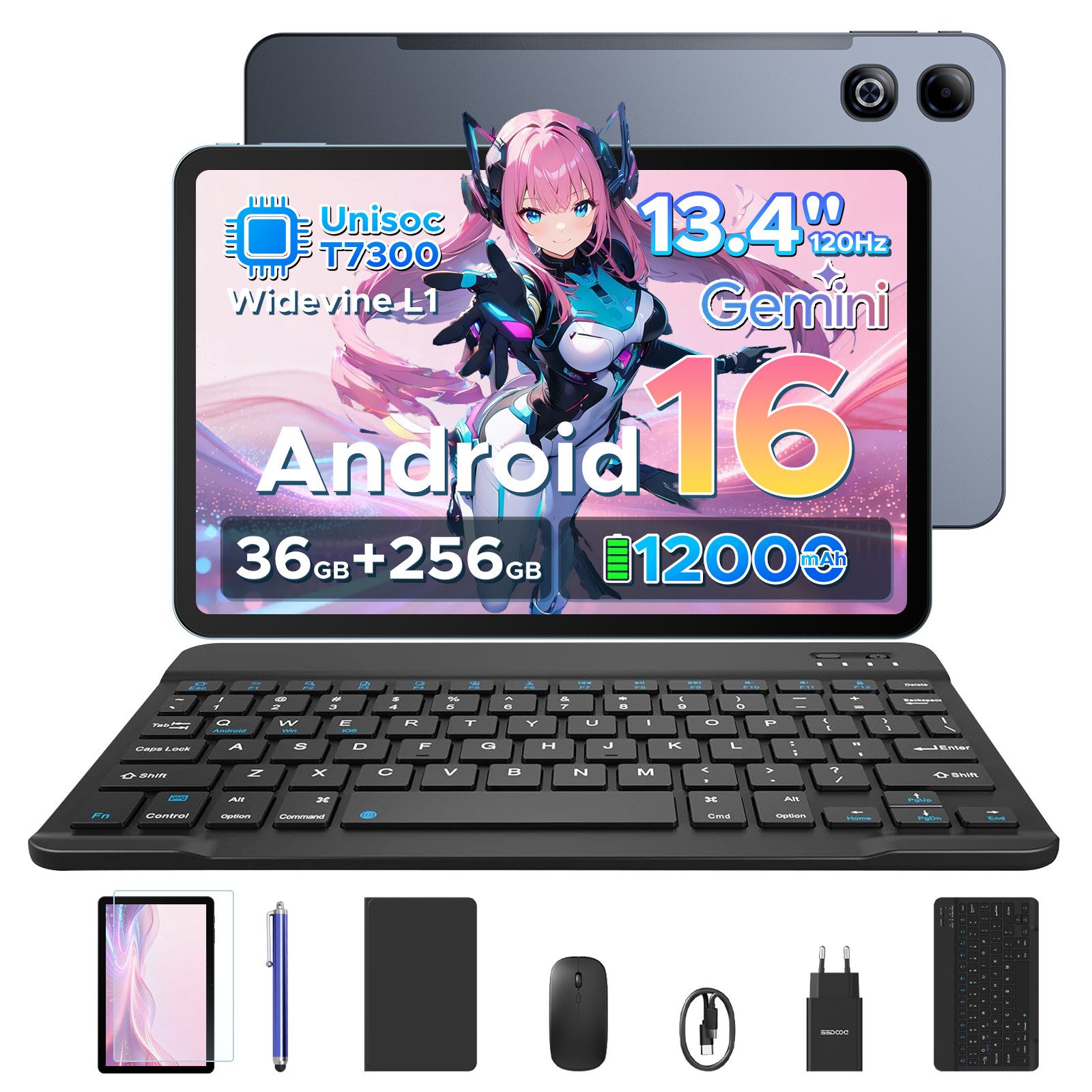 DOOGEE U13Pro Android 16 Tablet 13 Zoll mit Tastatur, Stift, 11000mAh, 120HZ Tablet (13.4", 256 GB, Android 16, Wifi, 36GB RAM (6+30GB erweitert)+ 256GB ROM, Gemini AI, 5G WiFi/Face ID/GPS)