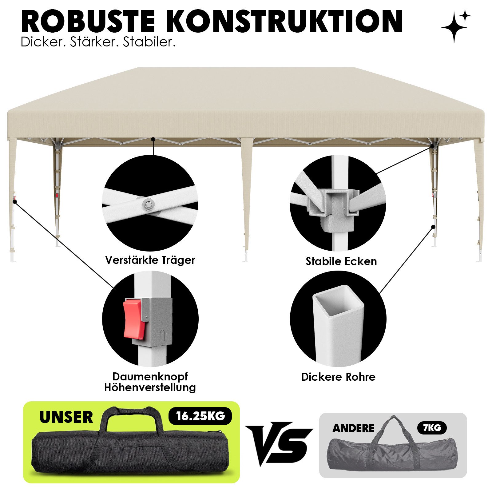 GUNJI Faltpavillon Pop Up Partyzelt 3*3/3*6m Gartenpavillon winterfest und wasserdicht, mit 4 Seitenteilen, 4 Sandsäcke, für Garten Camping