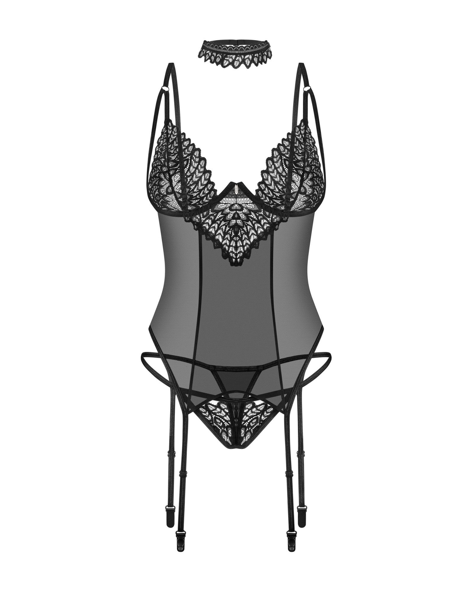 Obsessive Set: Bügel-BH Straps-Corsage und String Spitze - schwarz (3-tlg) transparent