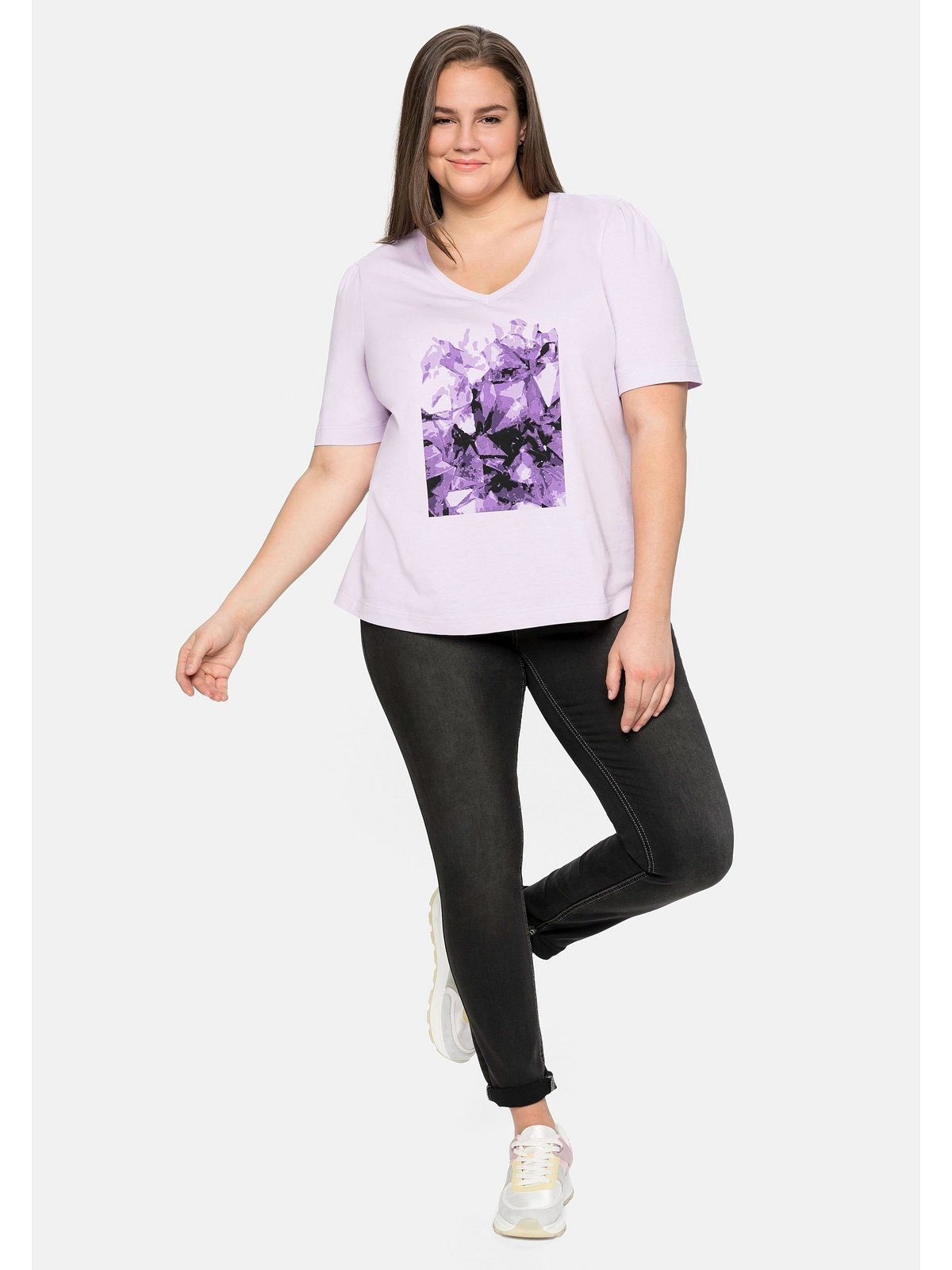 mit Baumwolle Große Größen lavendel T-Shirt aus Frontdruck Sheego