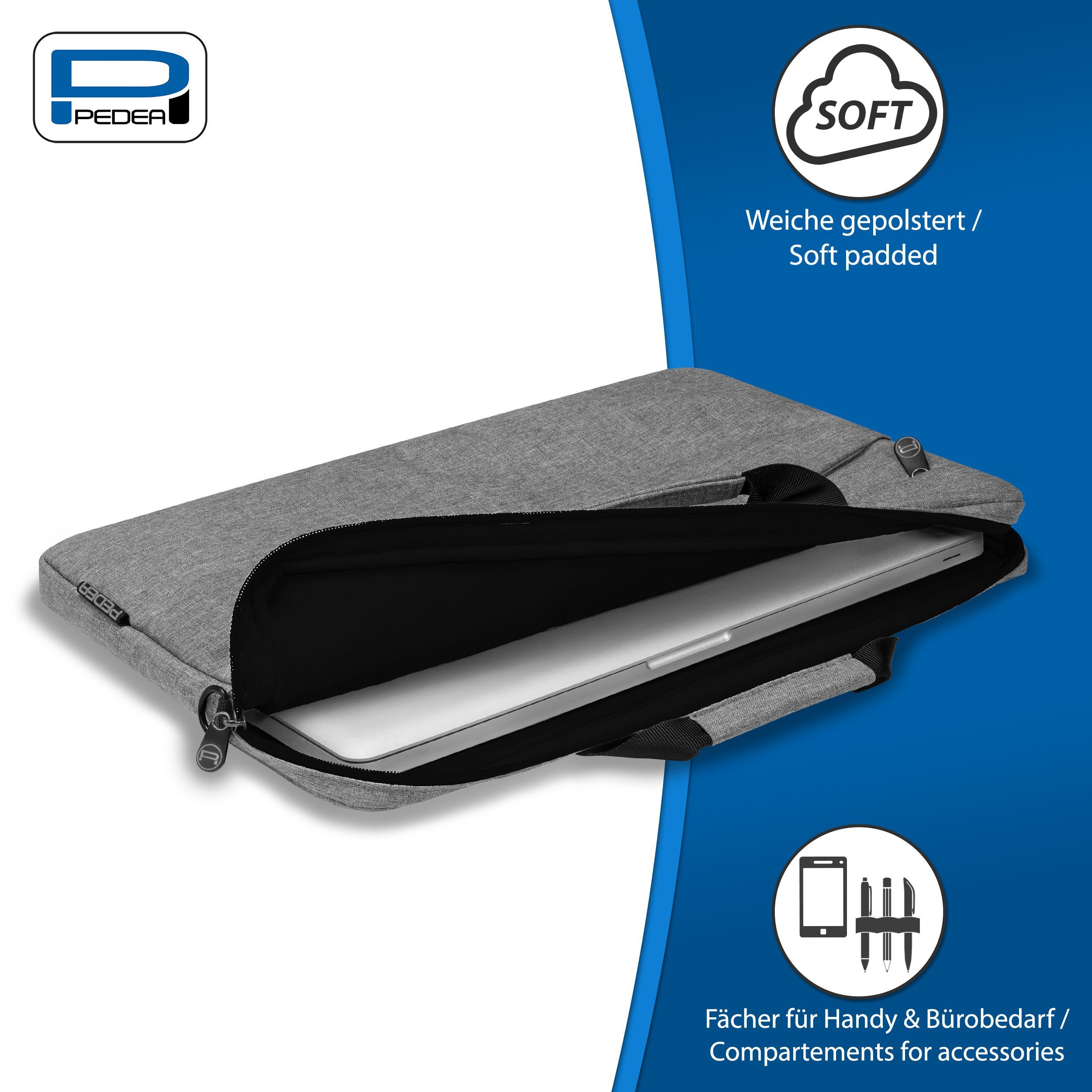 PEDEA Laptoptasche FASHION Umhängetasche mit Polsterung 13,3 / 15,6 / 17,3 Zoll, Umhängetasche mit dicken Polsterung und fleeceartigem Innenfutter