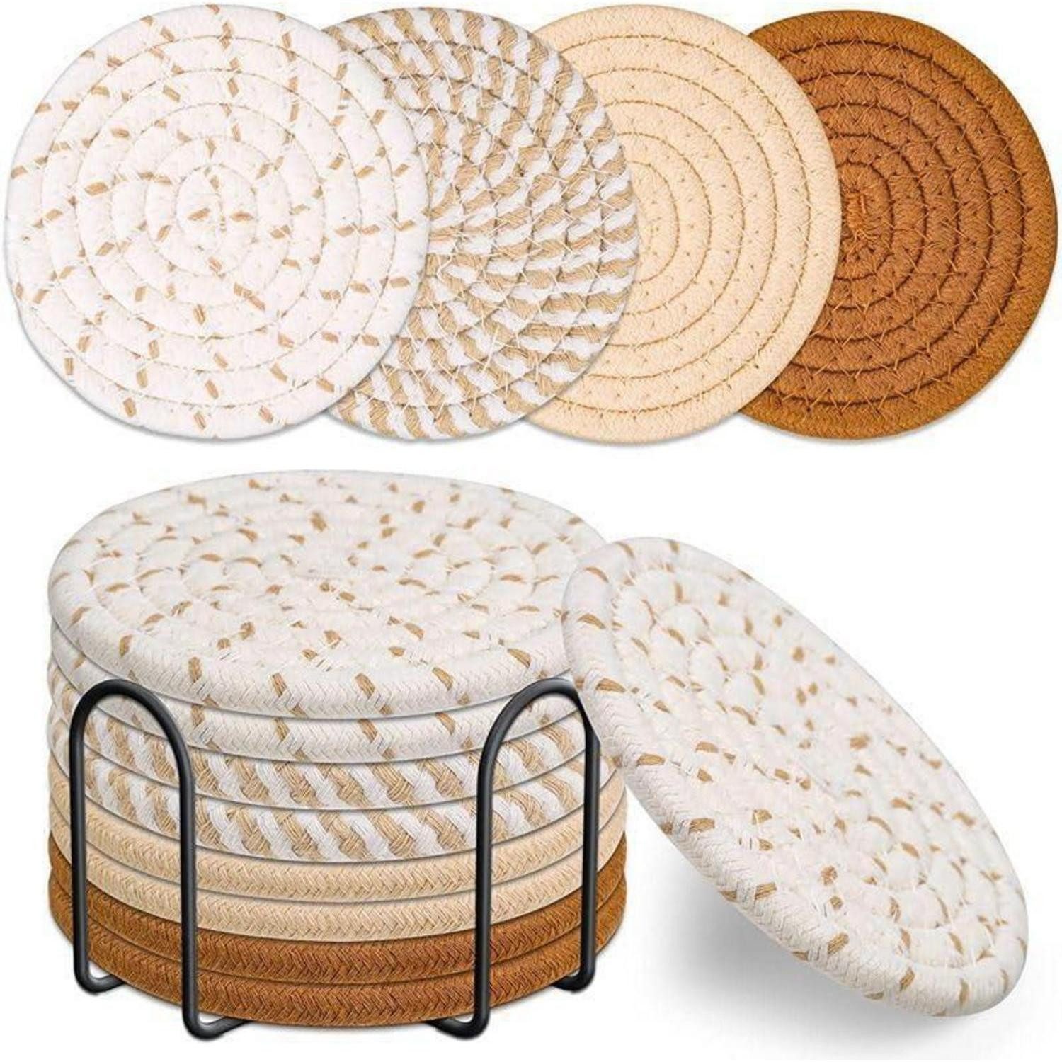 LuxusKollektion Getränkeuntersetzer Handgemachte Untersetzer Baumwolle 8er Set mit Halter, Braun