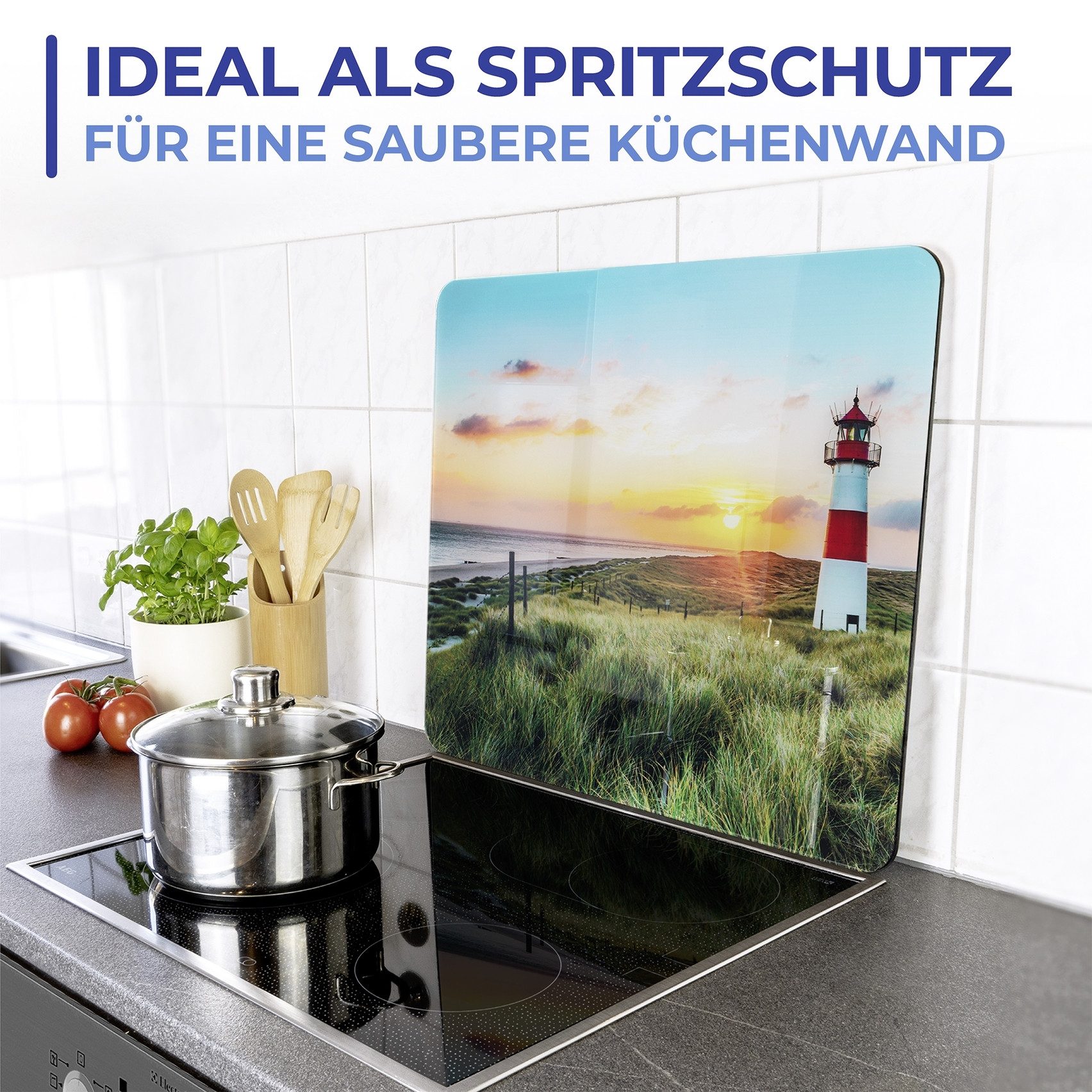 Maximex Schneide- und Abdeckplatte Modell Leuchtturm, Glas, Spritzschutz, Herdblende, Schneidbrett, für Glaskeramik-Kochfelder