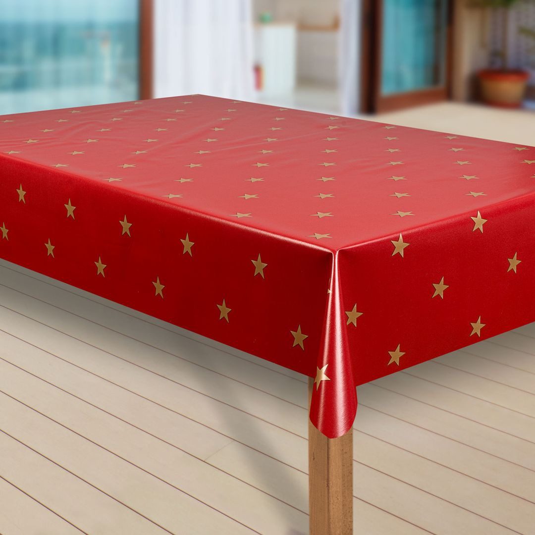 laro Tischdecke Wachstuch-Tischdecken Abwaschbar Sterne rot gold rechteckig – Bild 2 von 4