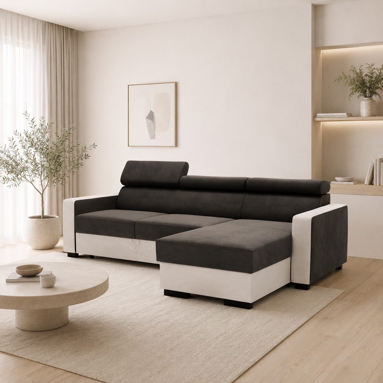 Goldstoff Ecksofa mit Schlaffunktion & Bettkasten - DIWIA L-Form Sofa, mit Schlaffunktion, Couch für Wohnzimmer - Schlafsofa - Eckcouch, 3 verstellbare Kopfstützen - Easy Clean-Beschichtung