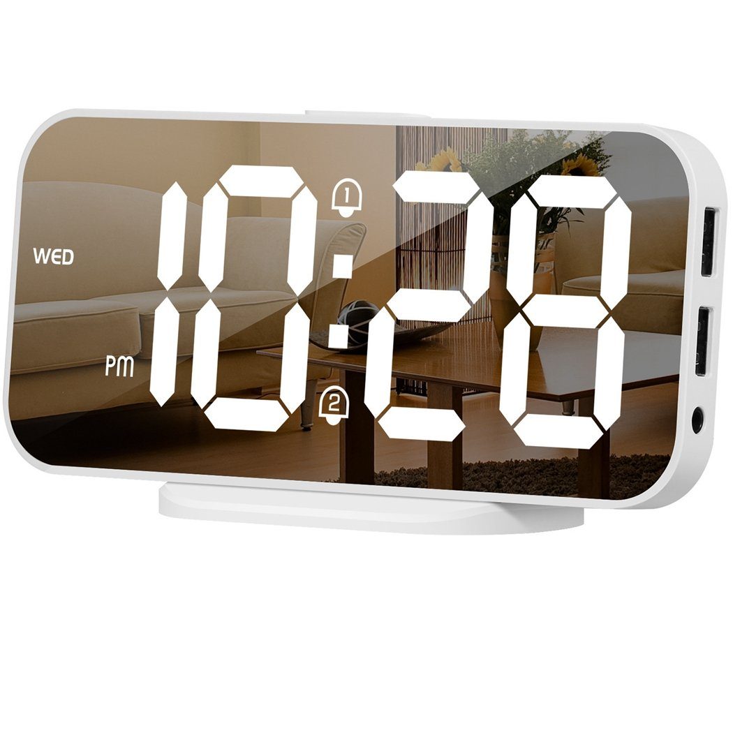 TUABUR Wecker Digitaler Wecker für das Schlafzimmer, 6,7-Zoll-LED-Spiegeluhr Weiß
