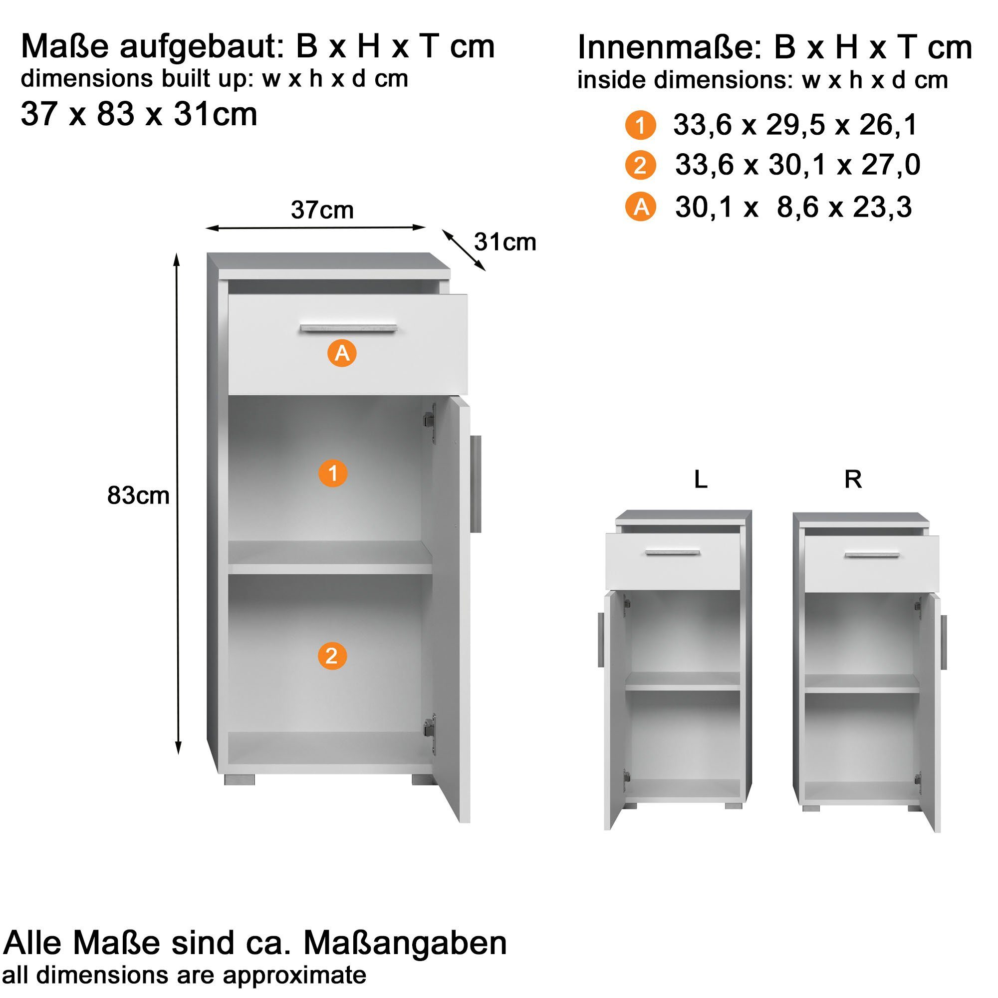 wechselbarem Badmöbel Prag mit Türanschlag, welltime (1-St) Breite Unterschrank 37cm