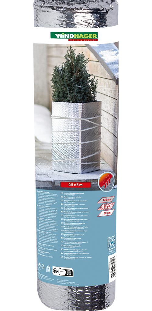 Windhager Winterschutzvlies Kälteschutzfolie für Topfpflanzen, Frostschutz und Kälteschutz, Luftpolsterfolie mit Aluminiumbeschichtung, 0,5x5 m, zuschneidbar