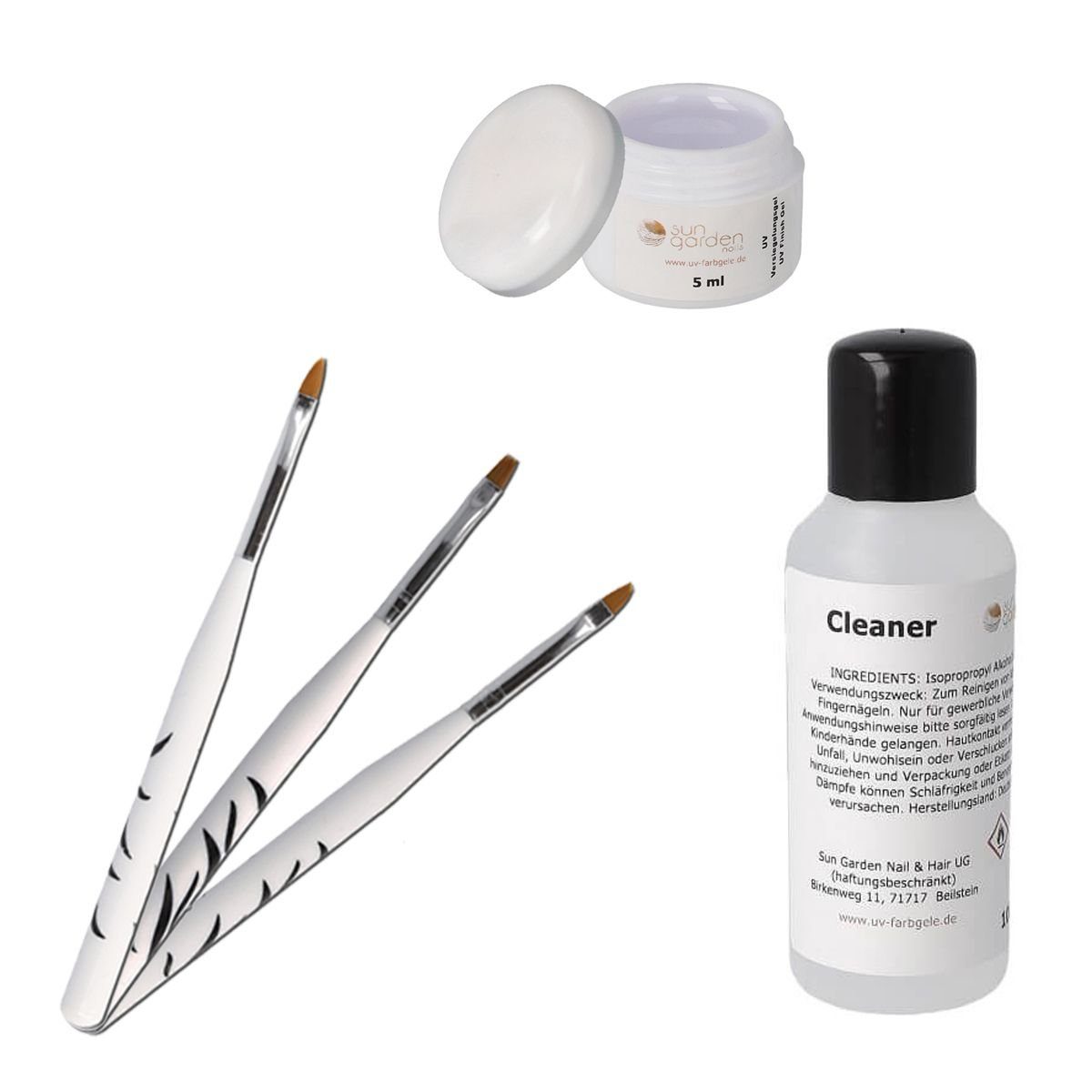 Sun Garden Nails Nagellack 5 ml UV Classic Gel Finish Gel + 3 tlg. Pinselset + Nail Cleaner 100