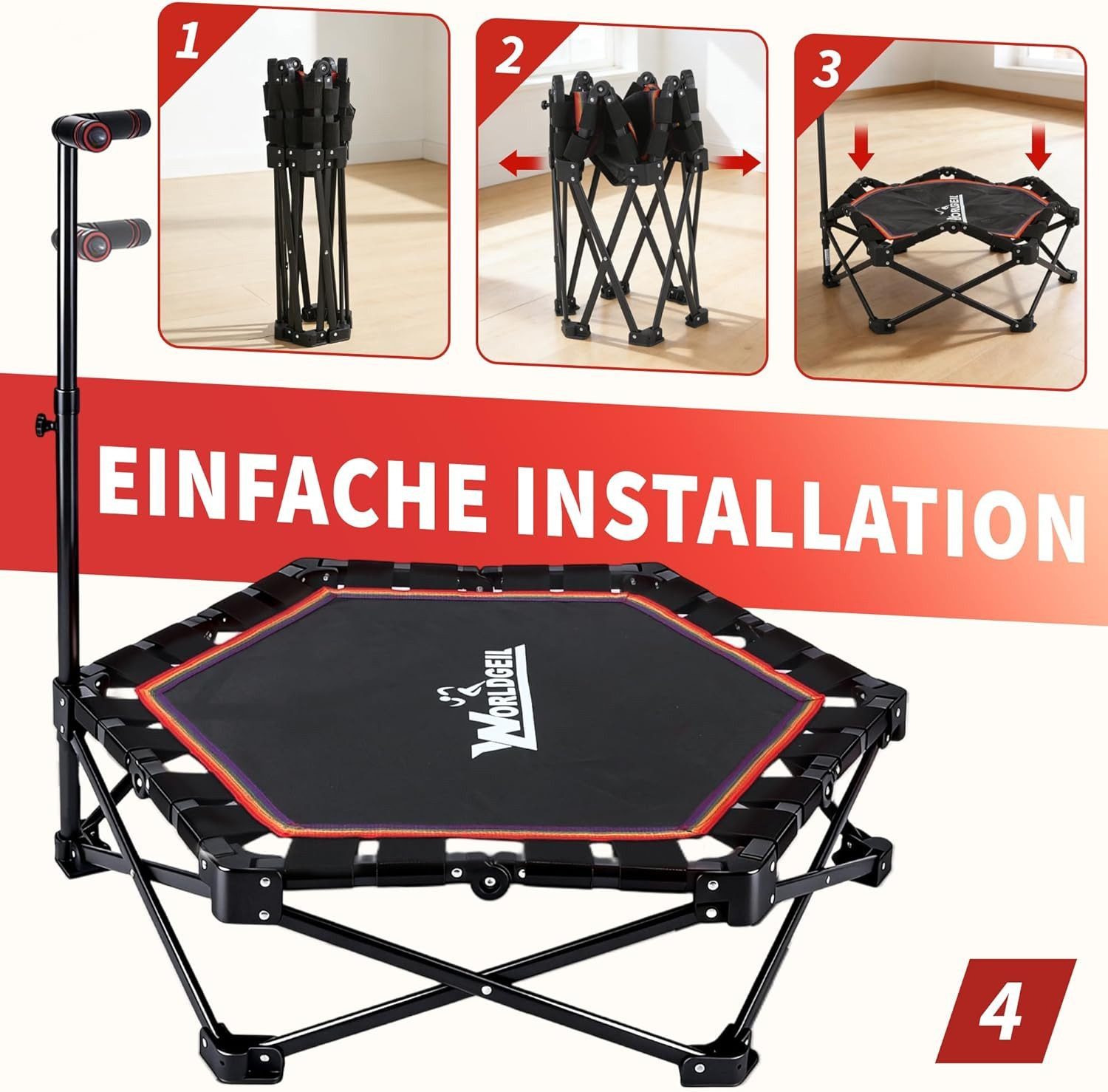 Nettlife Fitnesstrampolin klappbar Mini Trampolin höhenverstellbarem Griff bis 150 kg, Indoor Trampolin für Erwachsene & Kinder Sportgeräte für Zuhause